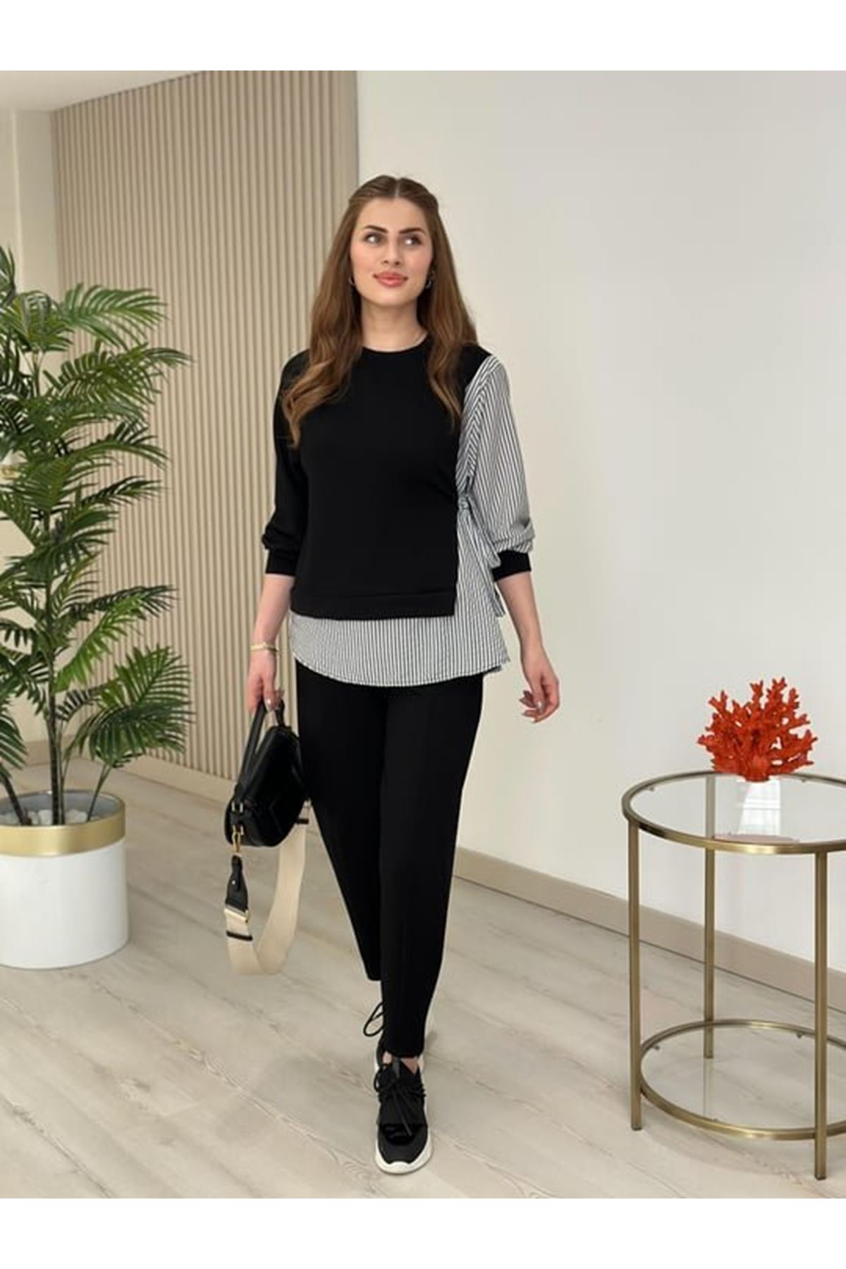 Kadın Gömlek Detay çizgili Yandan Bağlamalı Ikili Takım