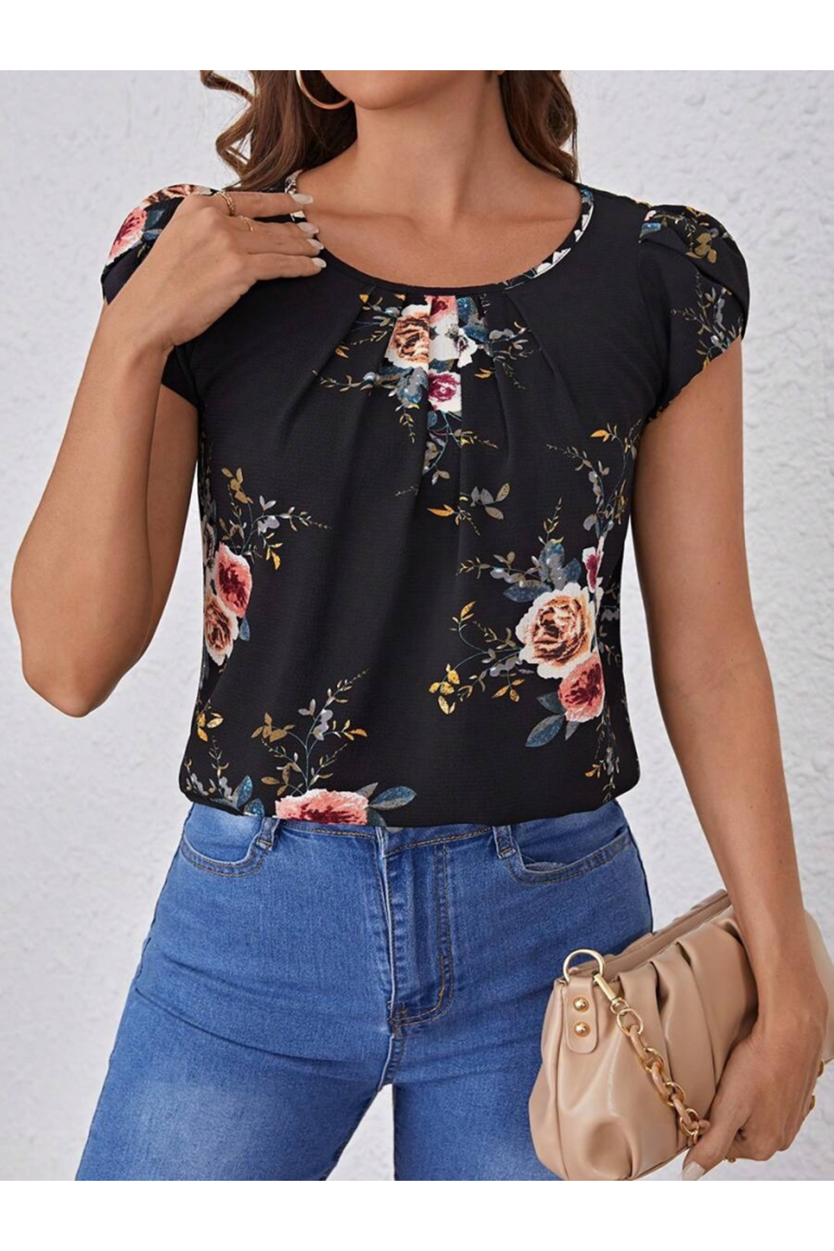 Kadın Kısa Kollu Bisiklet Yaka çiçek Baskılı Süprem Bluz