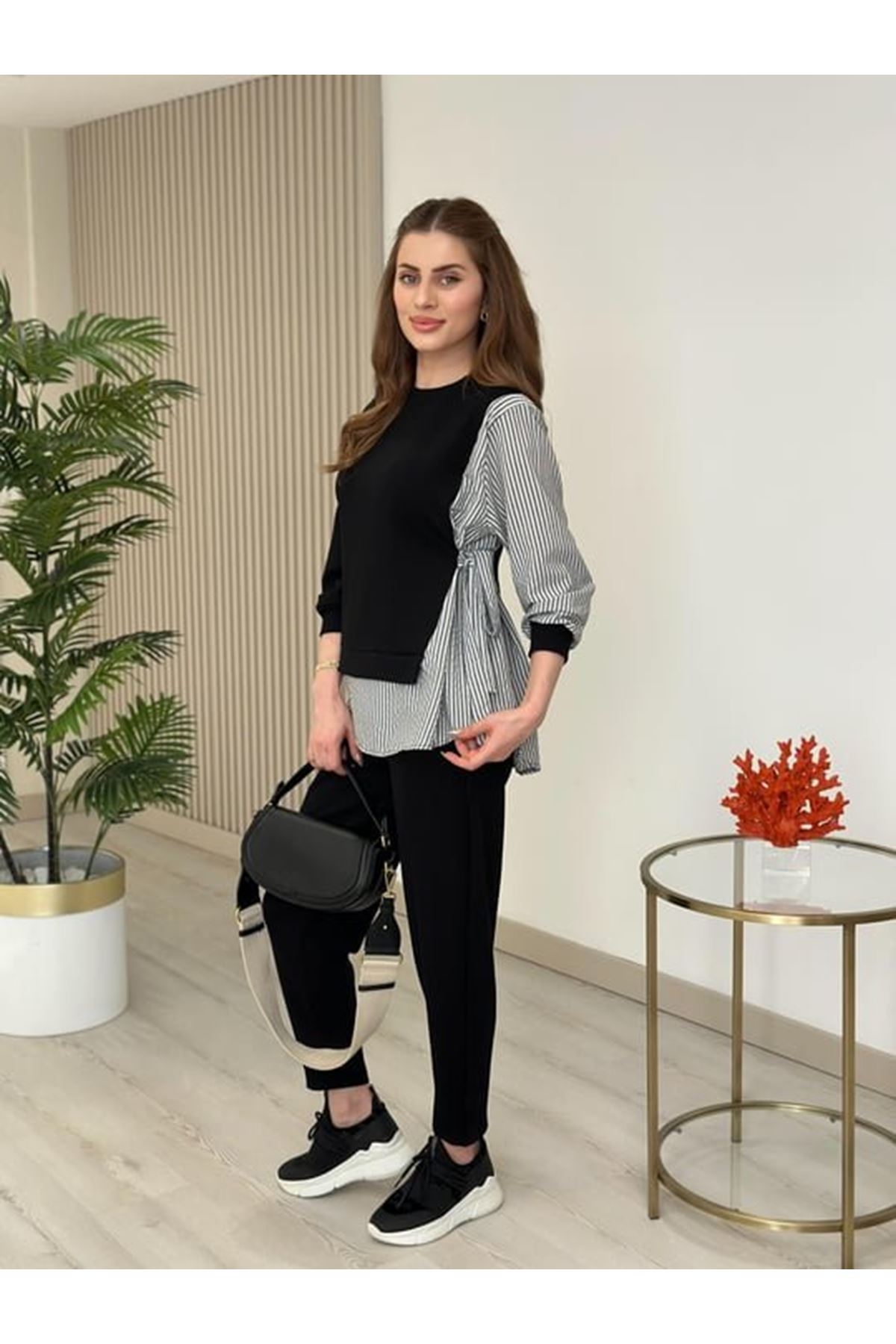 Kadın Gömlek Detay çizgili Yandan Bağlamalı Ikili Takım