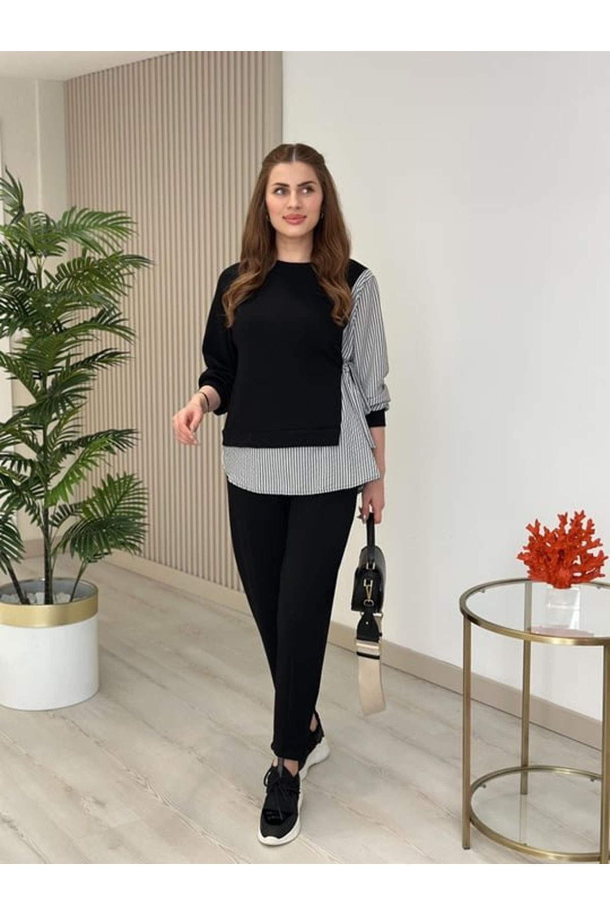 Kadın Gömlek Detay çizgili Yandan Bağlamalı Ikili Takım