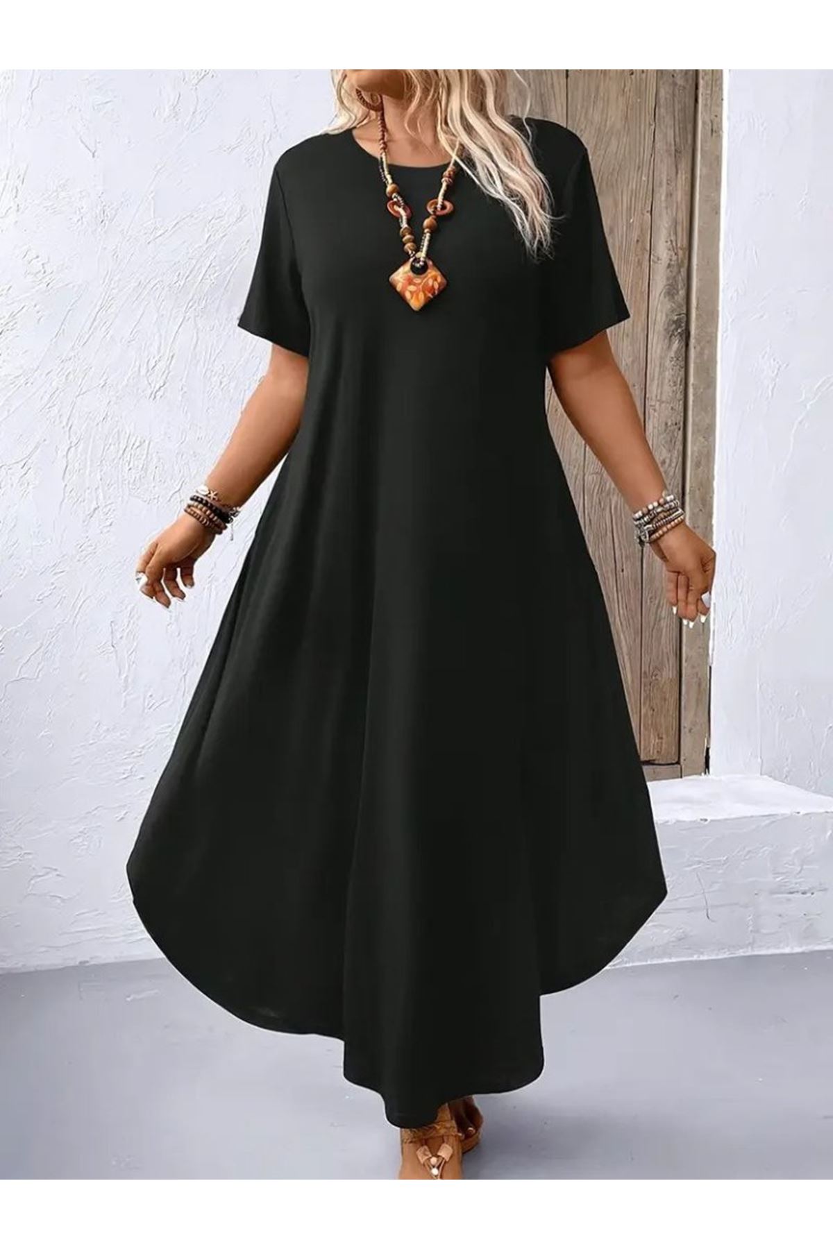 Kadın Kısa Kollu Bisiklet Yaka Cepli Salaş Viskon Elbise