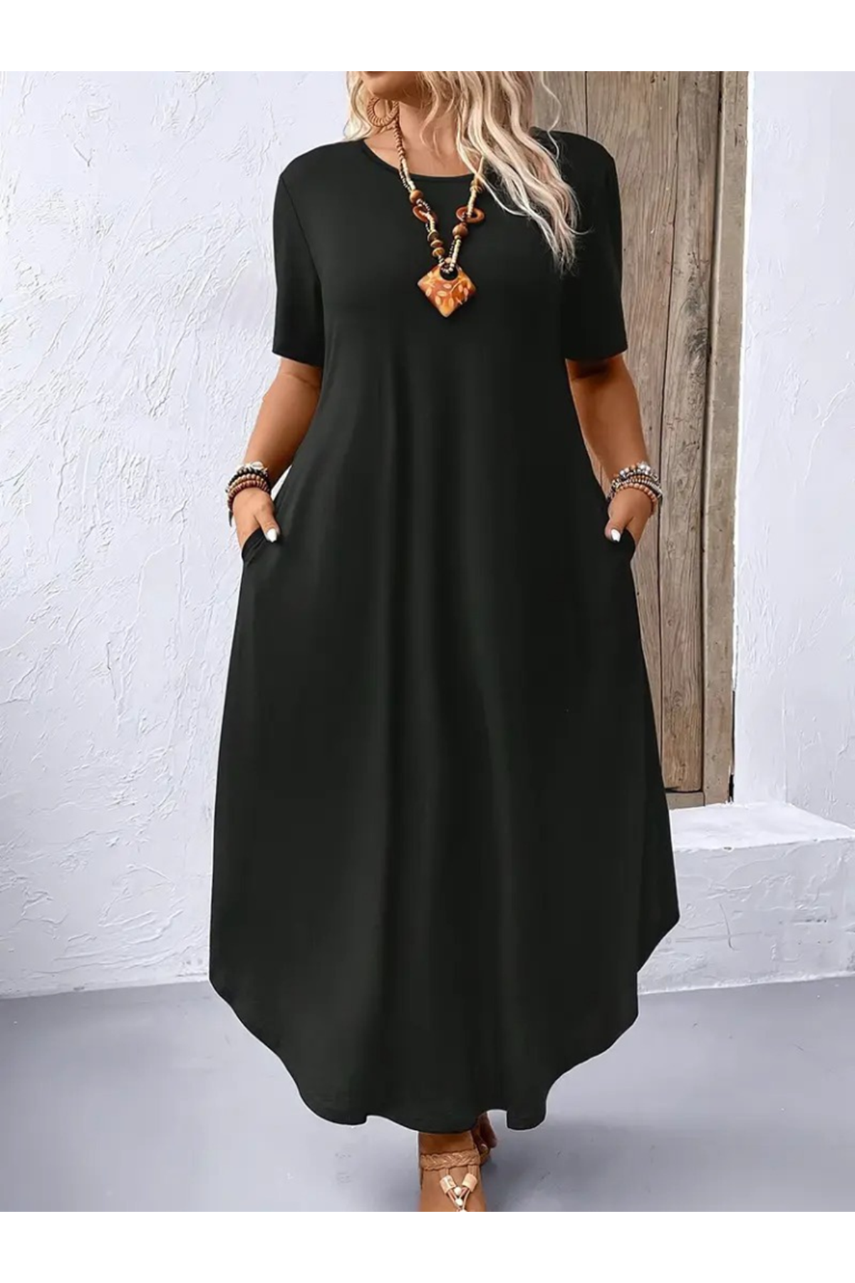 Kadın Kısa Kollu Bisiklet Yaka Cepli Salaş Viskon Elbise