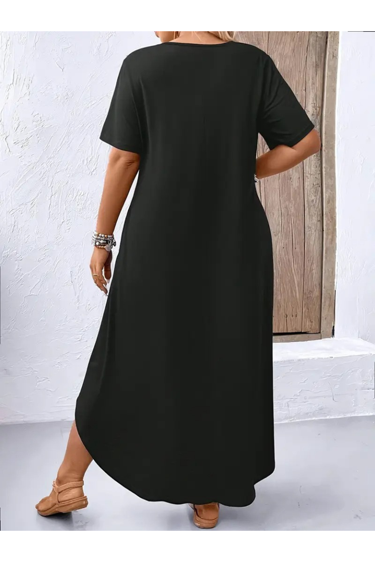 Kadın Kısa Kollu Bisiklet Yaka Cepli Salaş Viskon Elbise