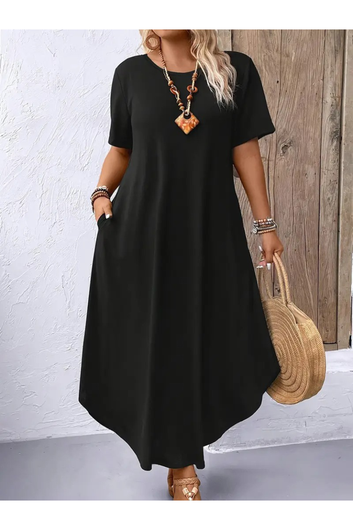 Kadın Kısa Kollu Bisiklet Yaka Cepli Salaş Viskon Elbise