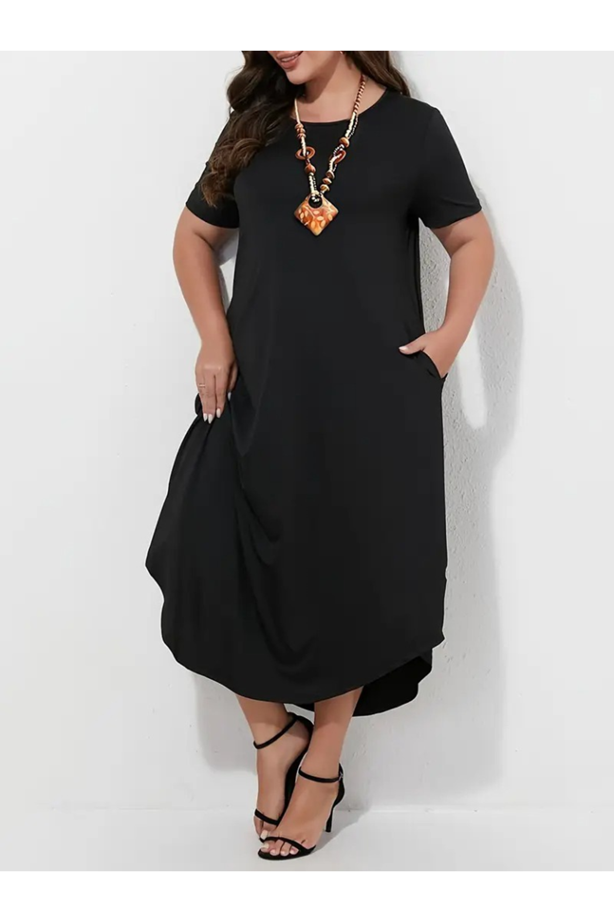 Kadın Kısa Kollu Bisiklet Yaka Cepli Salaş Viskon Elbise