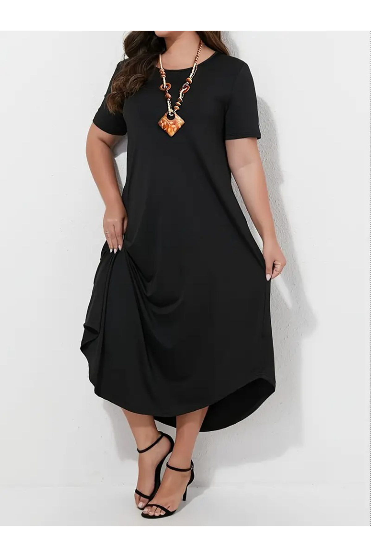 Kadın Kısa Kollu Bisiklet Yaka Cepli Salaş Viskon Elbise