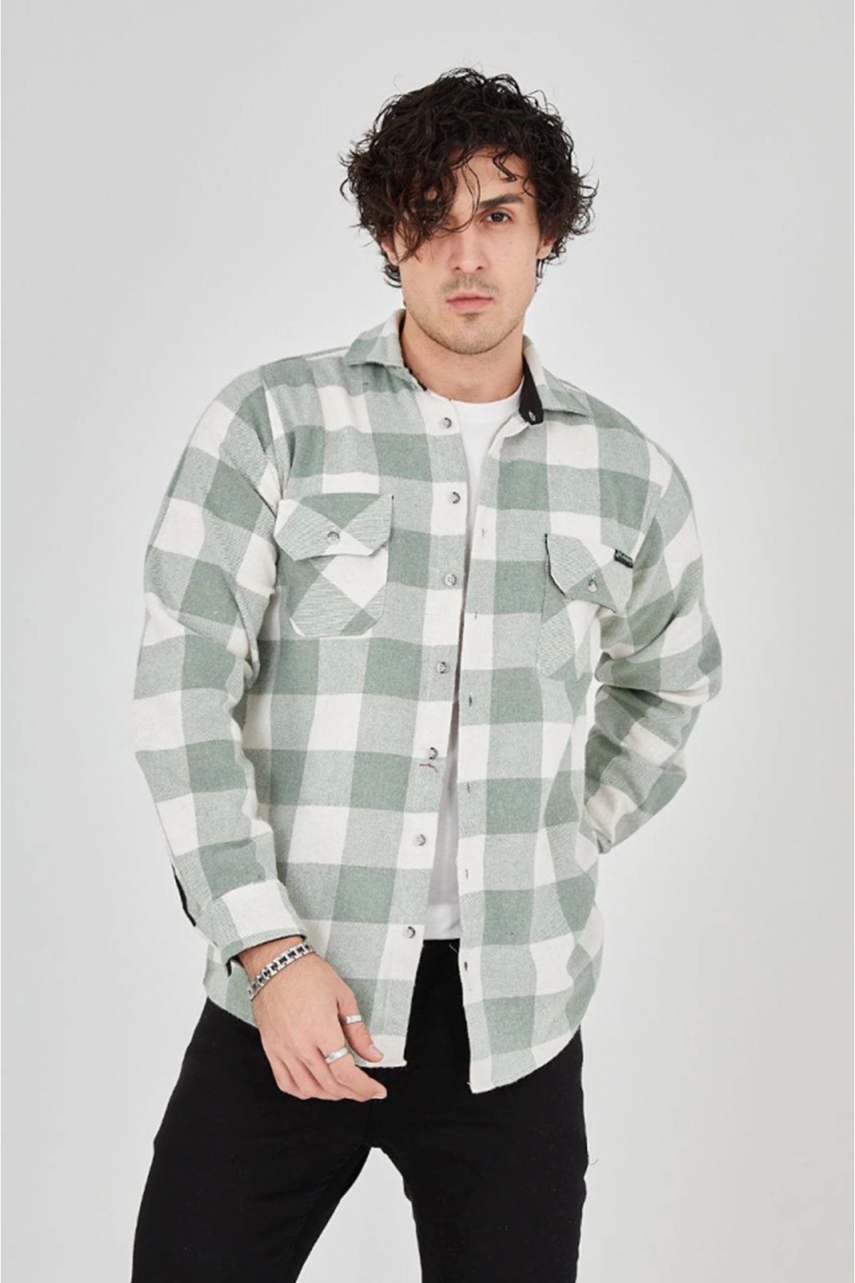 Erkek Uzun Kollu Oduncu Gömlek - Mint Yeşili