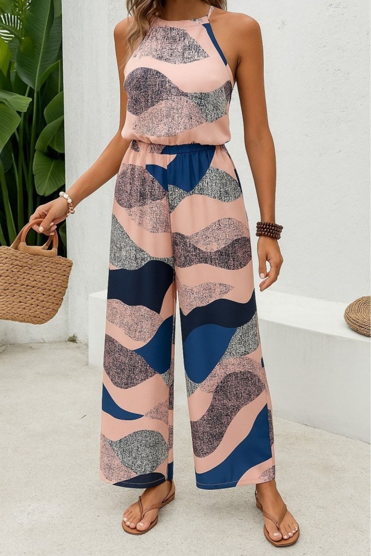 Kadın Omuzlardan Açık Boyundan Geçmeli Beli Lastikli Desenli Dalgıç Tulum