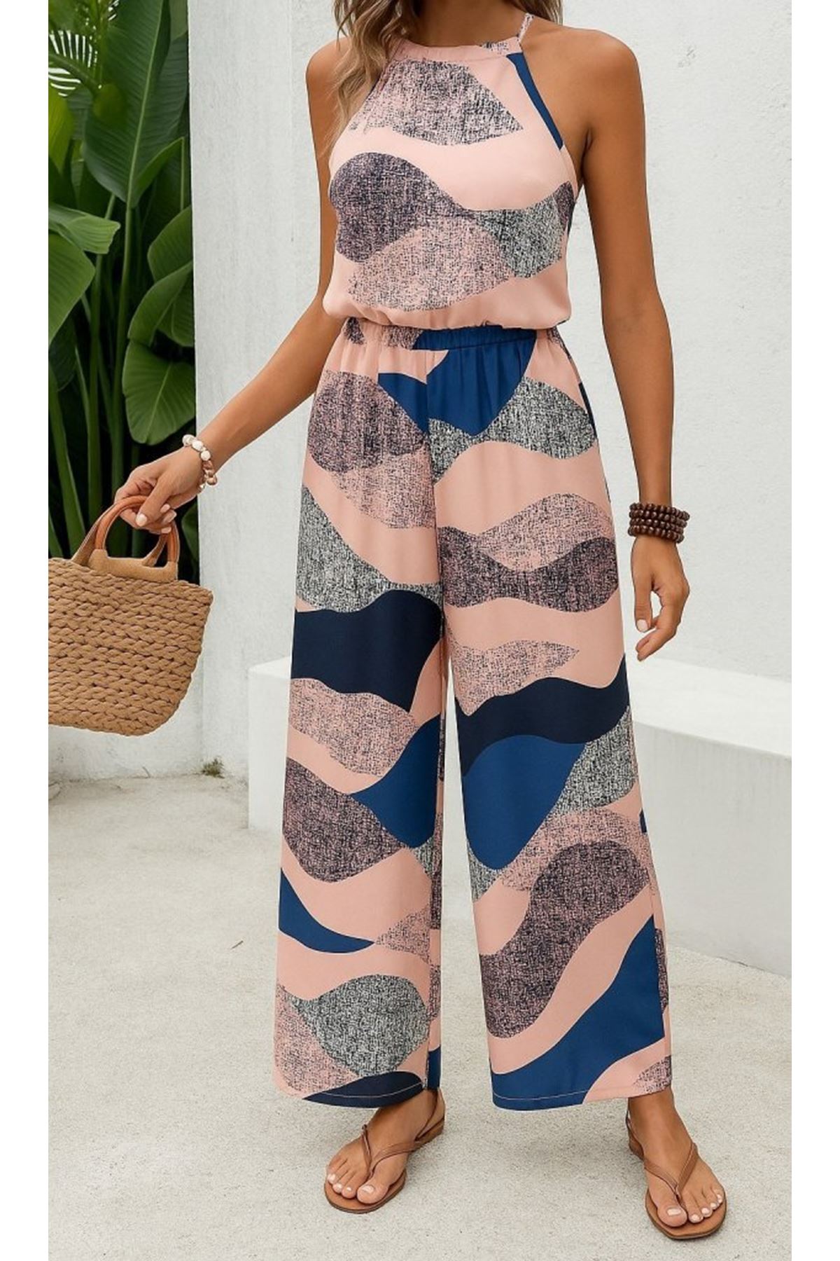 Kadın Omuzlardan Açık Boyundan Geçmeli Beli Lastikli Desenli Dalgıç Tulum