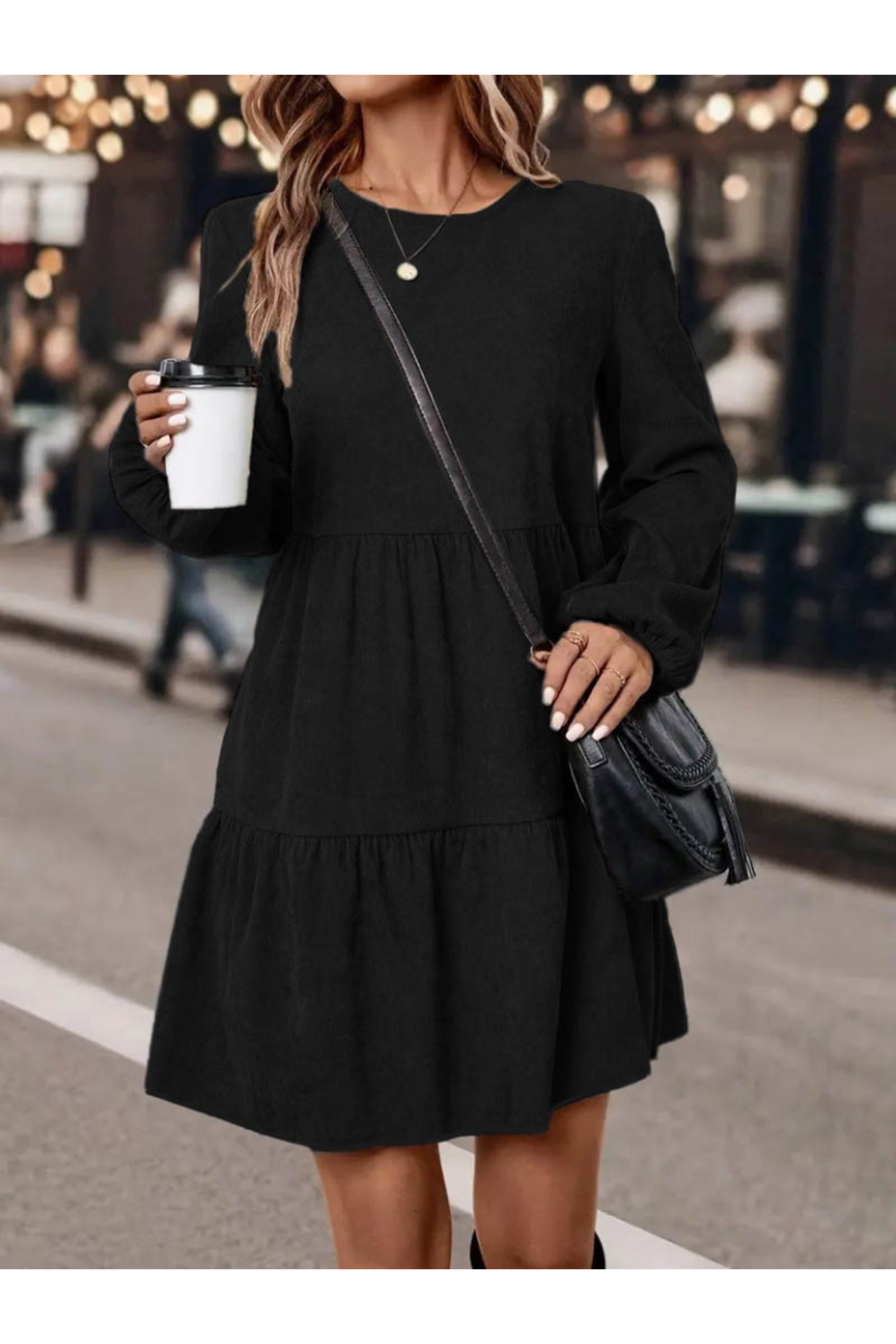 Kadın Uzun Kollu Kol Ucu Lastikli Süet Mini Boy Elbise