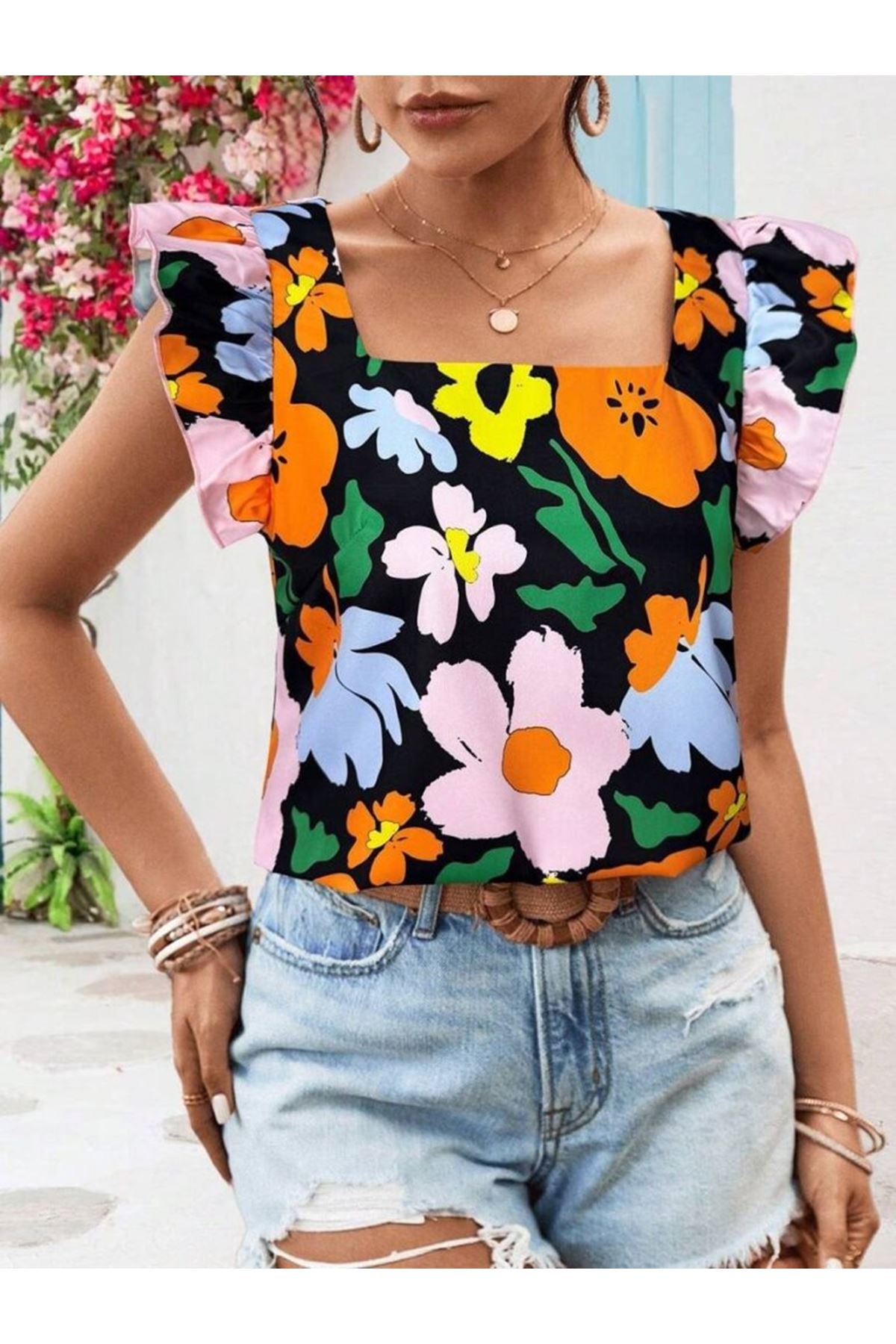 Kadın Kısa Fırfır Kollu Kare Yaka çiçek Desenli Ithal Keten Bluz