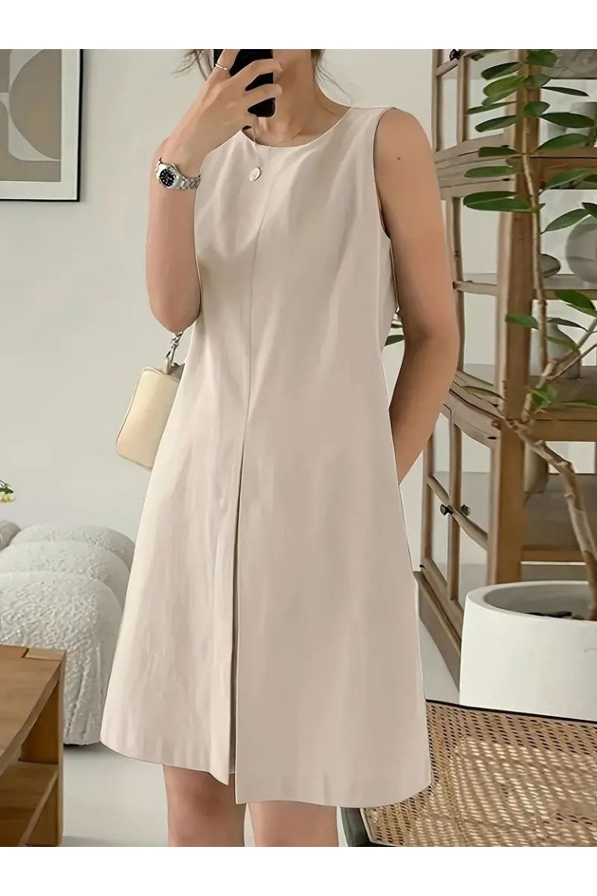 Kadın Askılı Sıfır Kol A Kesim Detaylı Ithal Krep Elbise