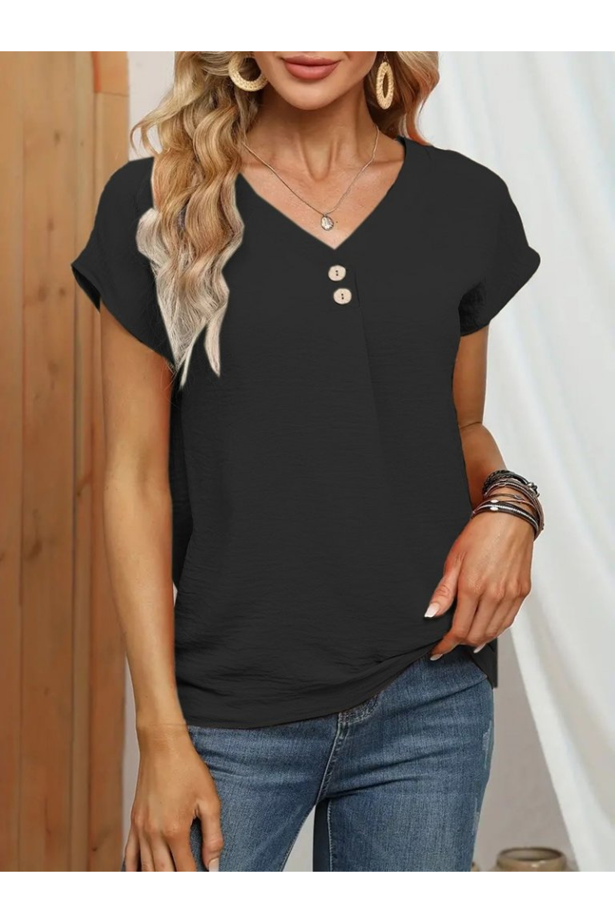 Kadın Kısa Kollu önü Düğmeli V Yaka Aerobin Bluz