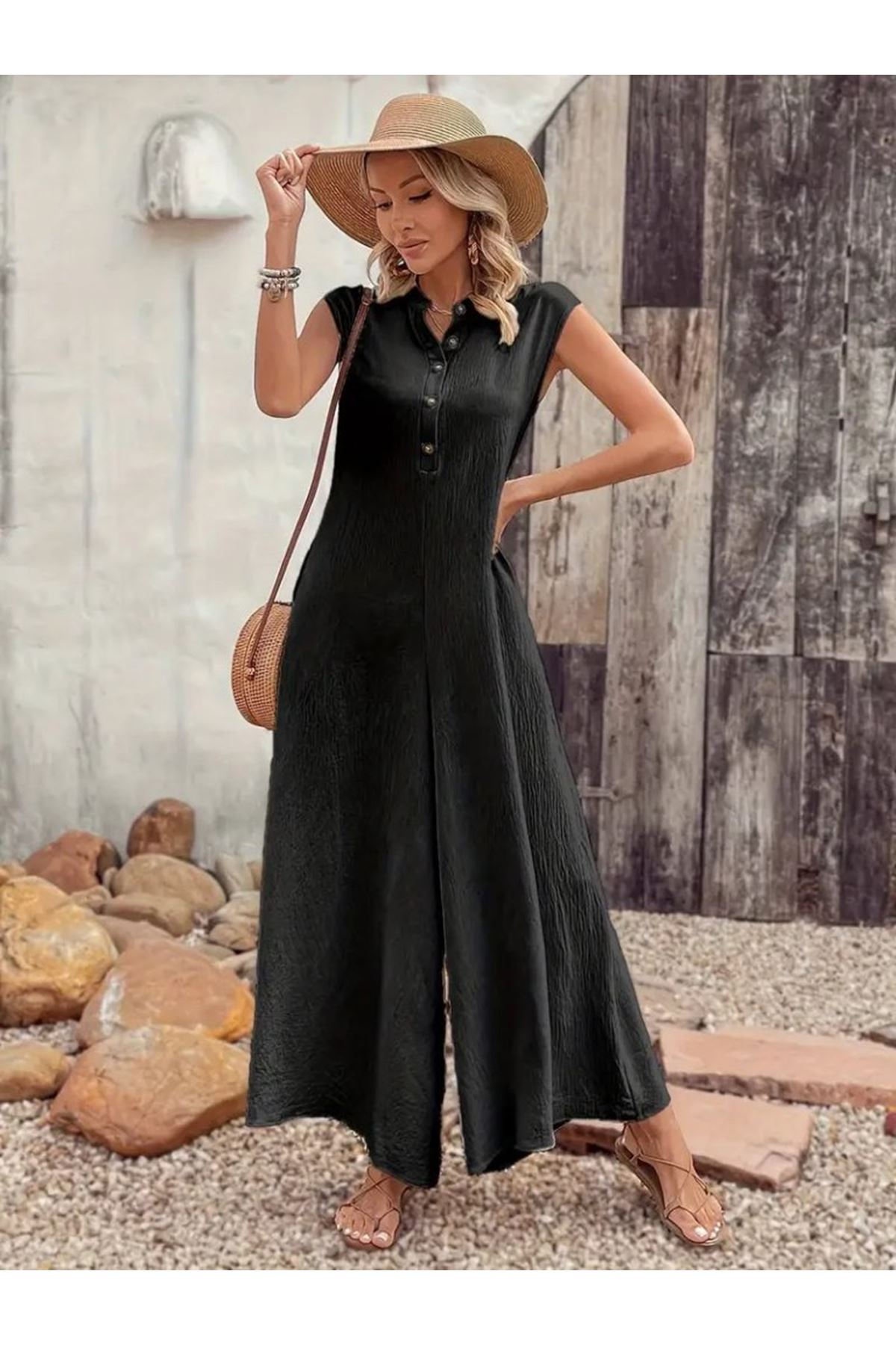 Kadın Kısa Kollu önden Düğmeli Paçaya Doğru Geniş Cepli Uzun Bürümcük Tulum