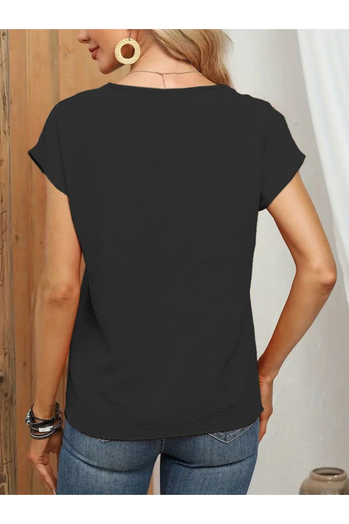 Kadın Kısa Kollu önü Düğmeli V Yaka Aerobin Bluz
