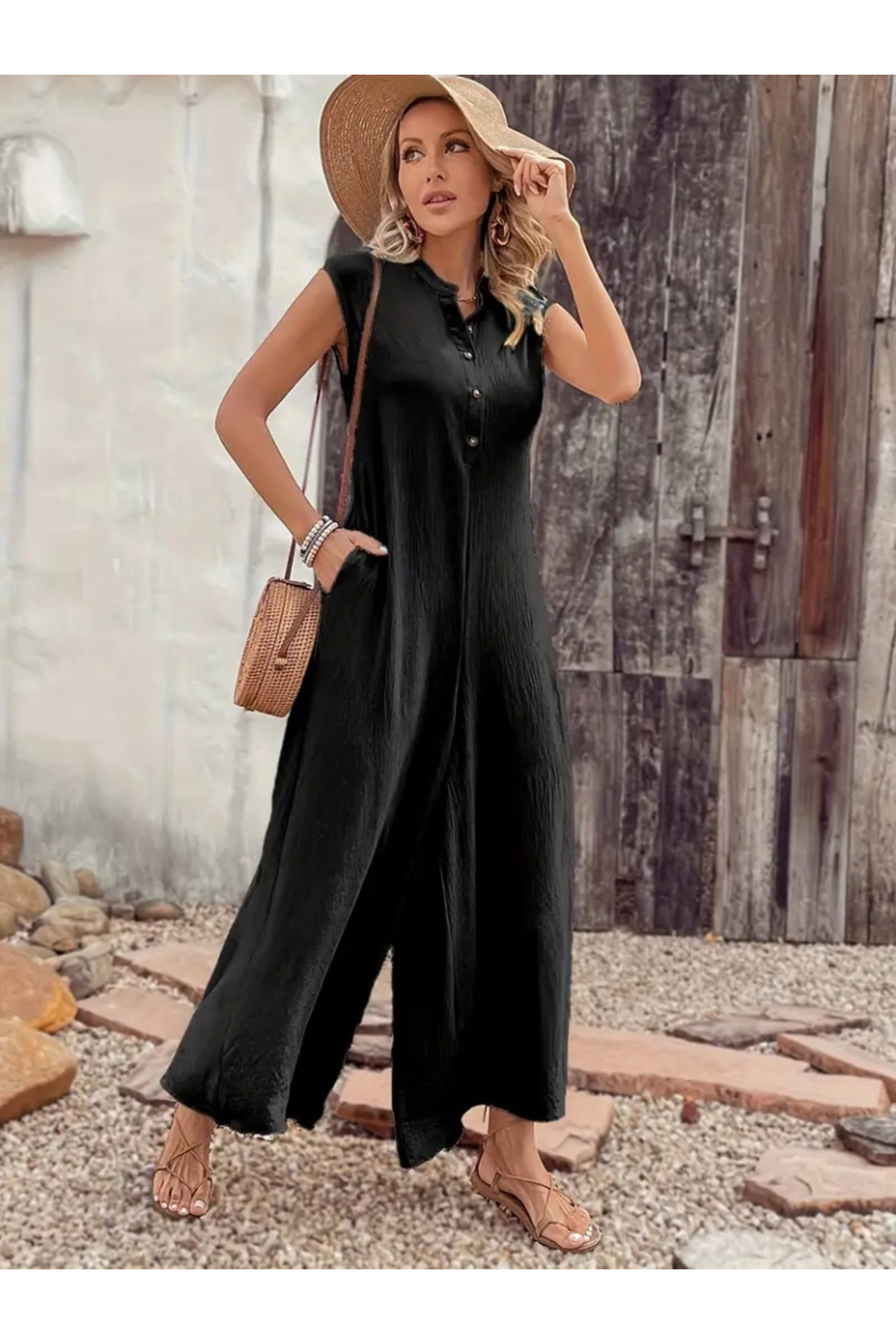 Kadın Kısa Kollu önden Düğmeli Paçaya Doğru Geniş Cepli Uzun Bürümcük Tulum