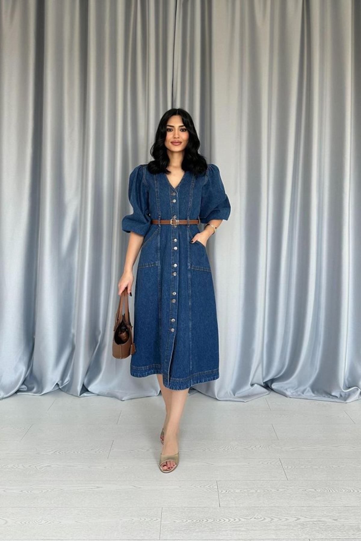 Mavi Balon Kol Kot Elbise