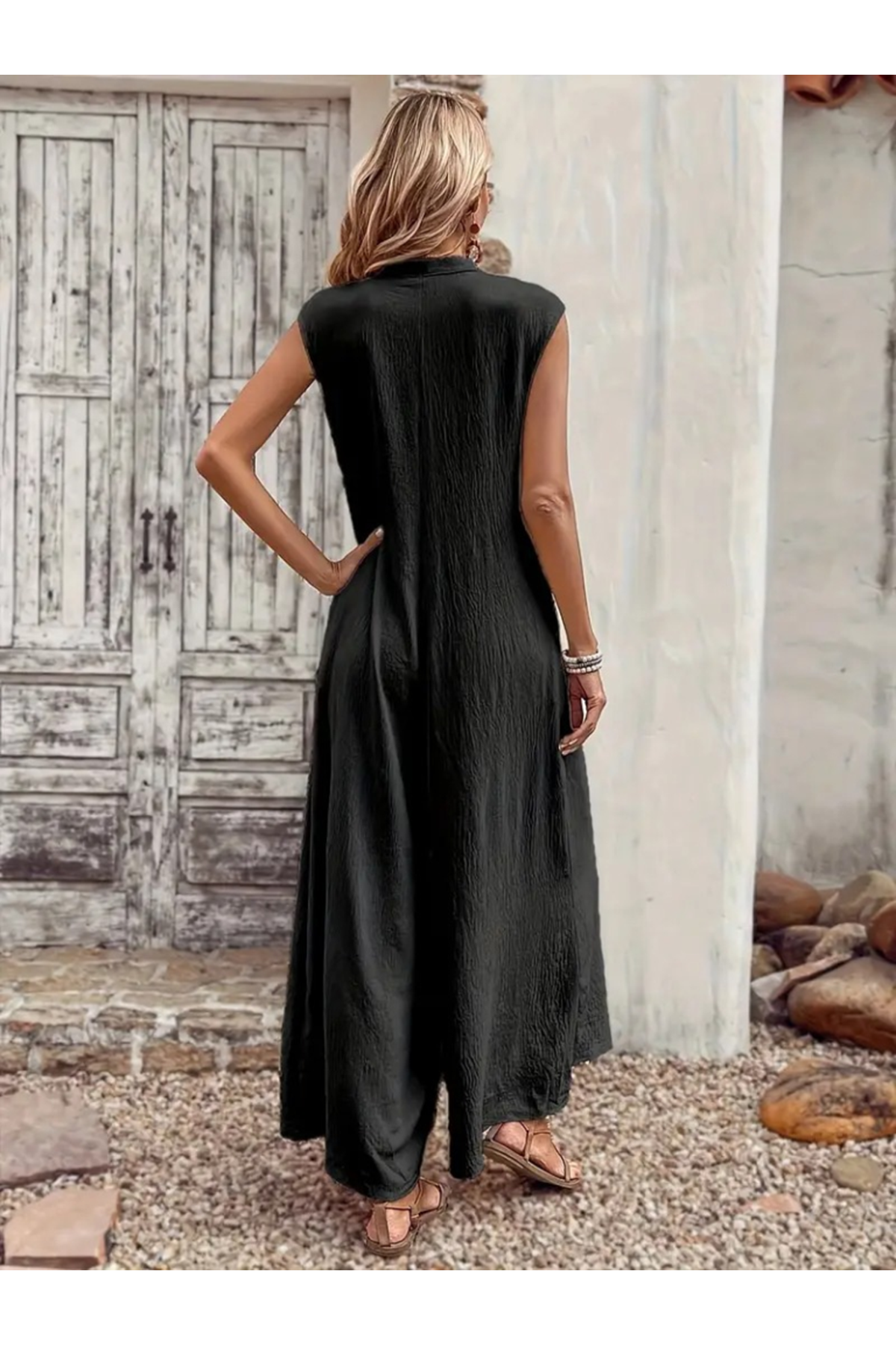 Kadın Kısa Kollu önden Düğmeli Paçaya Doğru Geniş Cepli Uzun Bürümcük Tulum