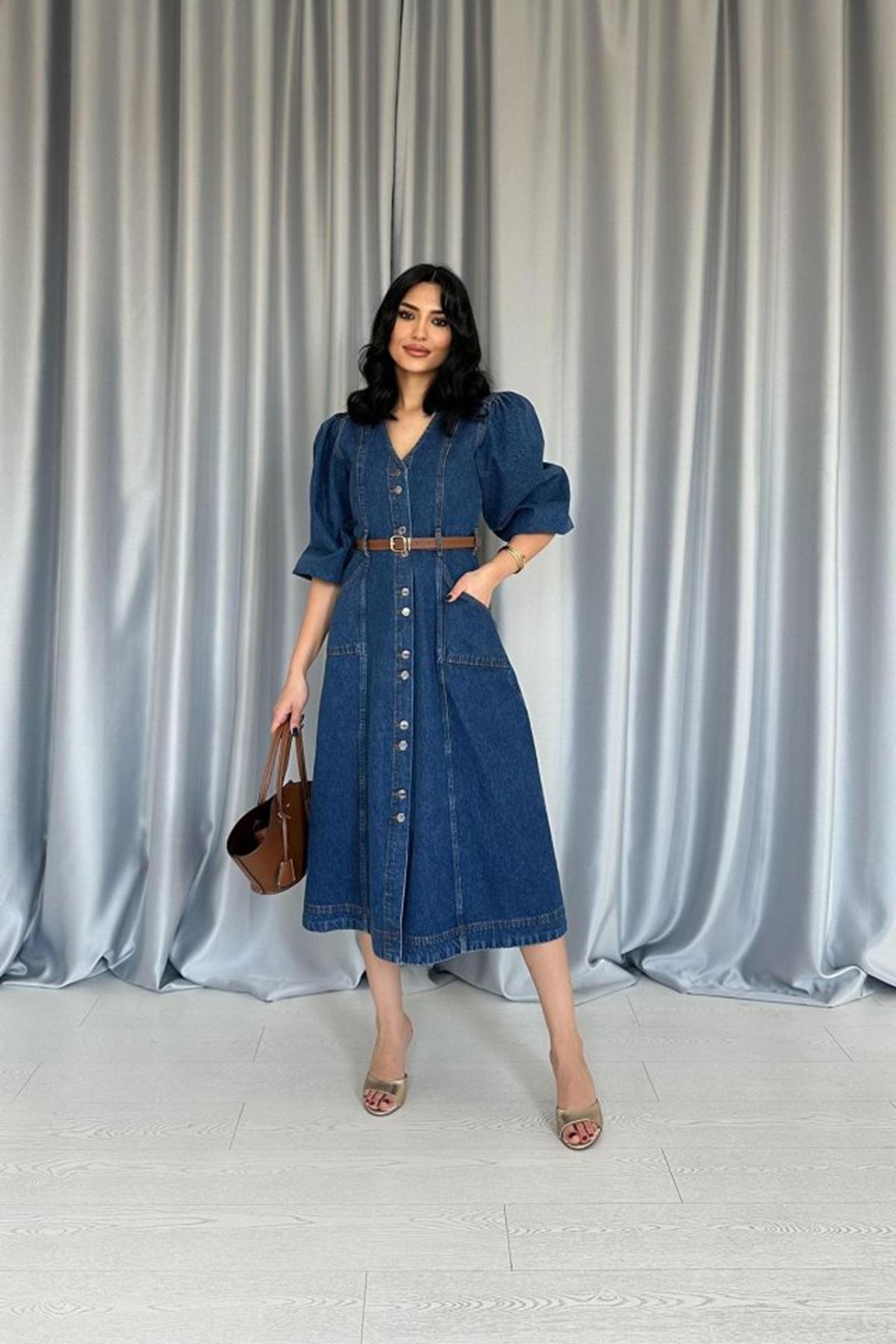 Mavi Balon Kol Kot Elbise