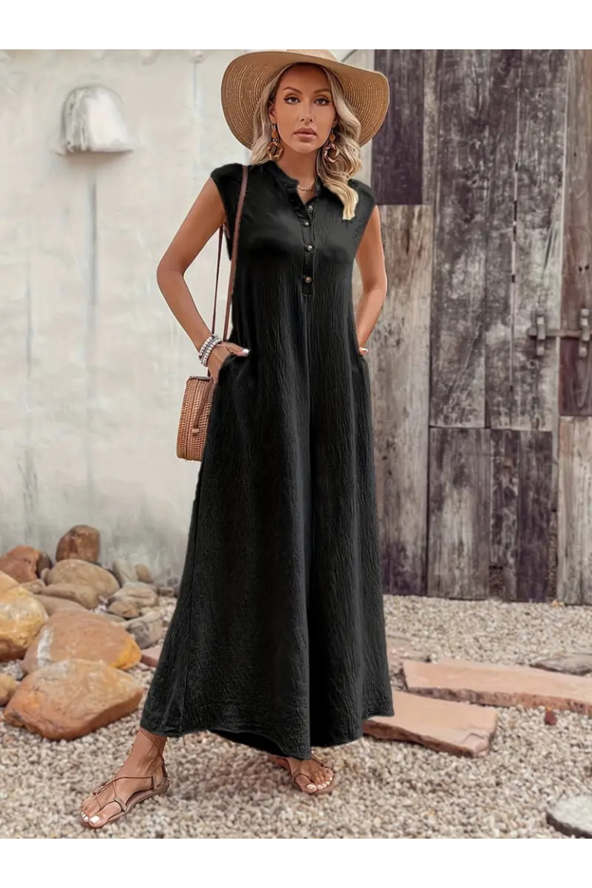 Kadın Kısa Kollu önden Düğmeli Paçaya Doğru Geniş Cepli Uzun Bürümcük Tulum