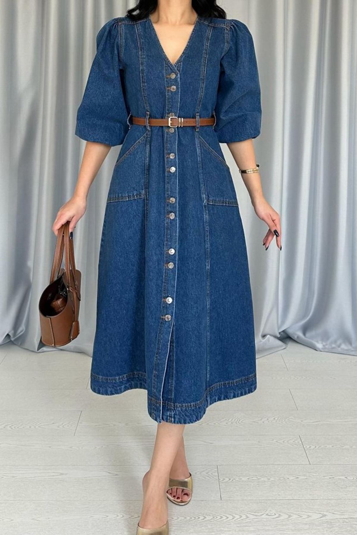 Mavi Balon Kol Kot Elbise