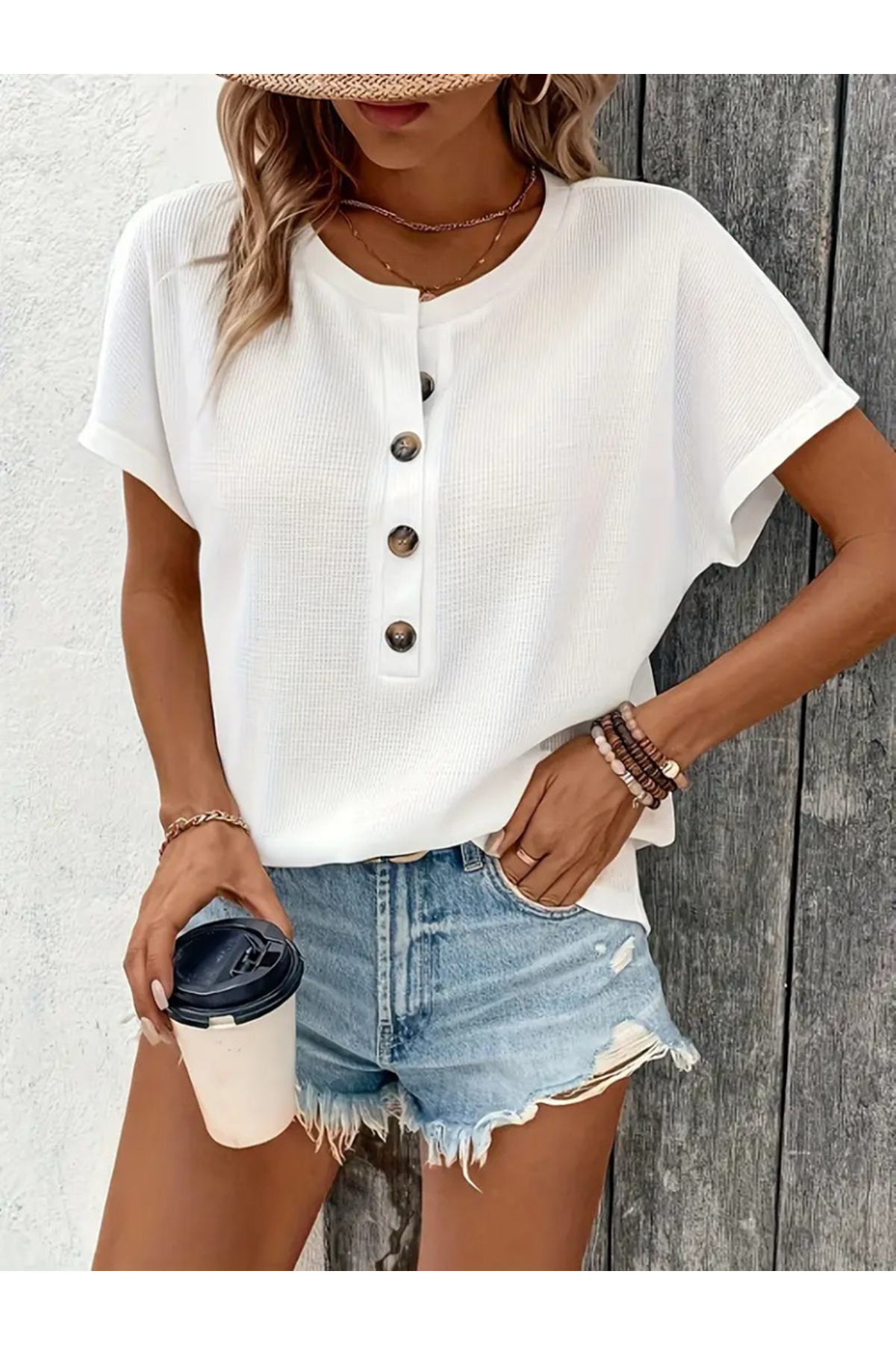 Kadın Kısa Kollu Yakası Açık önden Düğmeli Waffle Bluz