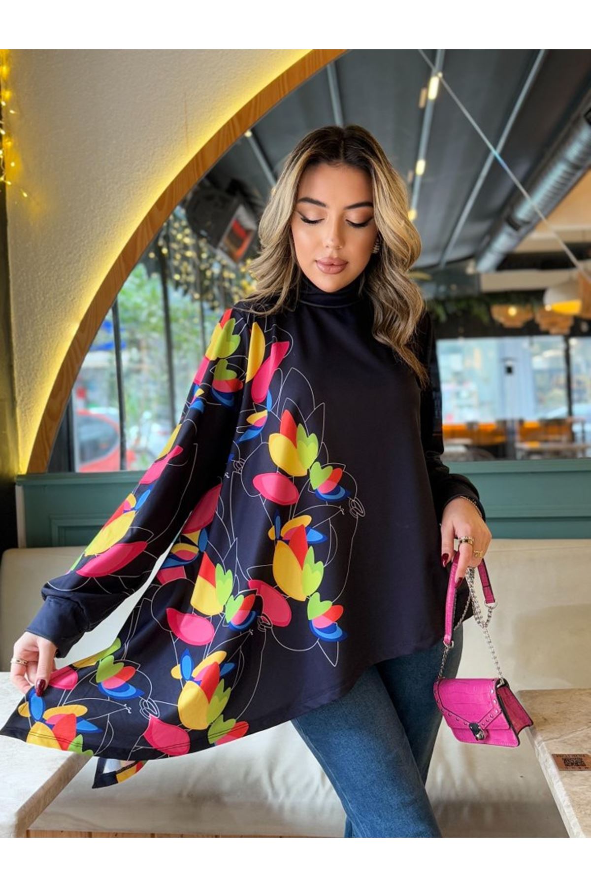 Kadın Uzun Kollu Balıkçı Yaka Asimetrik Kesim Dalgıç Kumaş Bluz