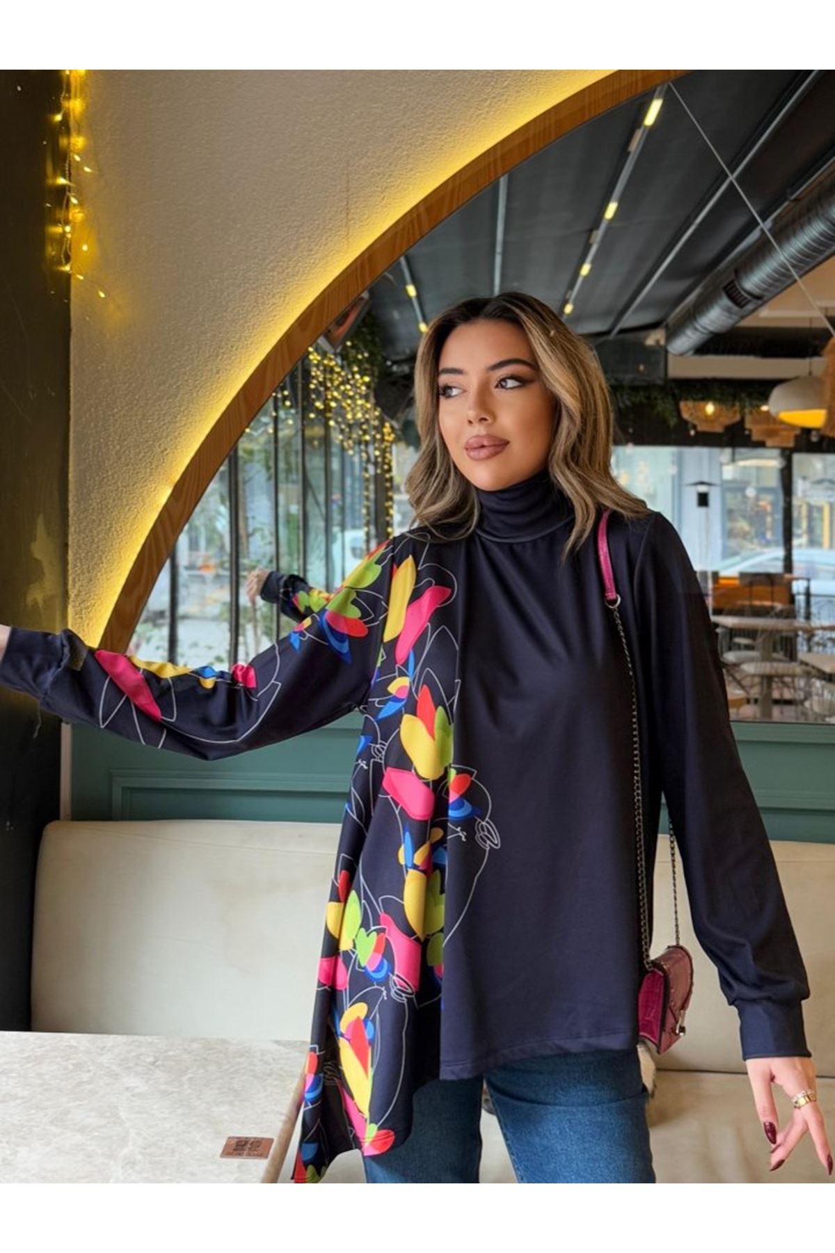 Kadın Uzun Kollu Balıkçı Yaka Asimetrik Kesim Dalgıç Kumaş Bluz