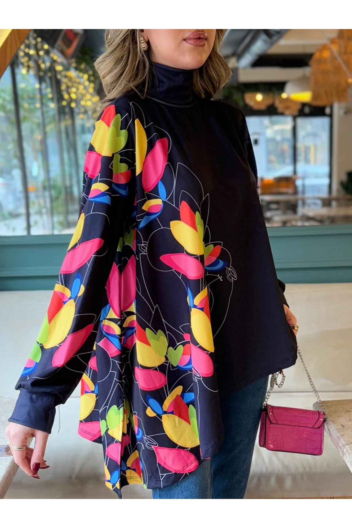 Kadın Uzun Kollu Balıkçı Yaka Asimetrik Kesim Dalgıç Kumaş Bluz