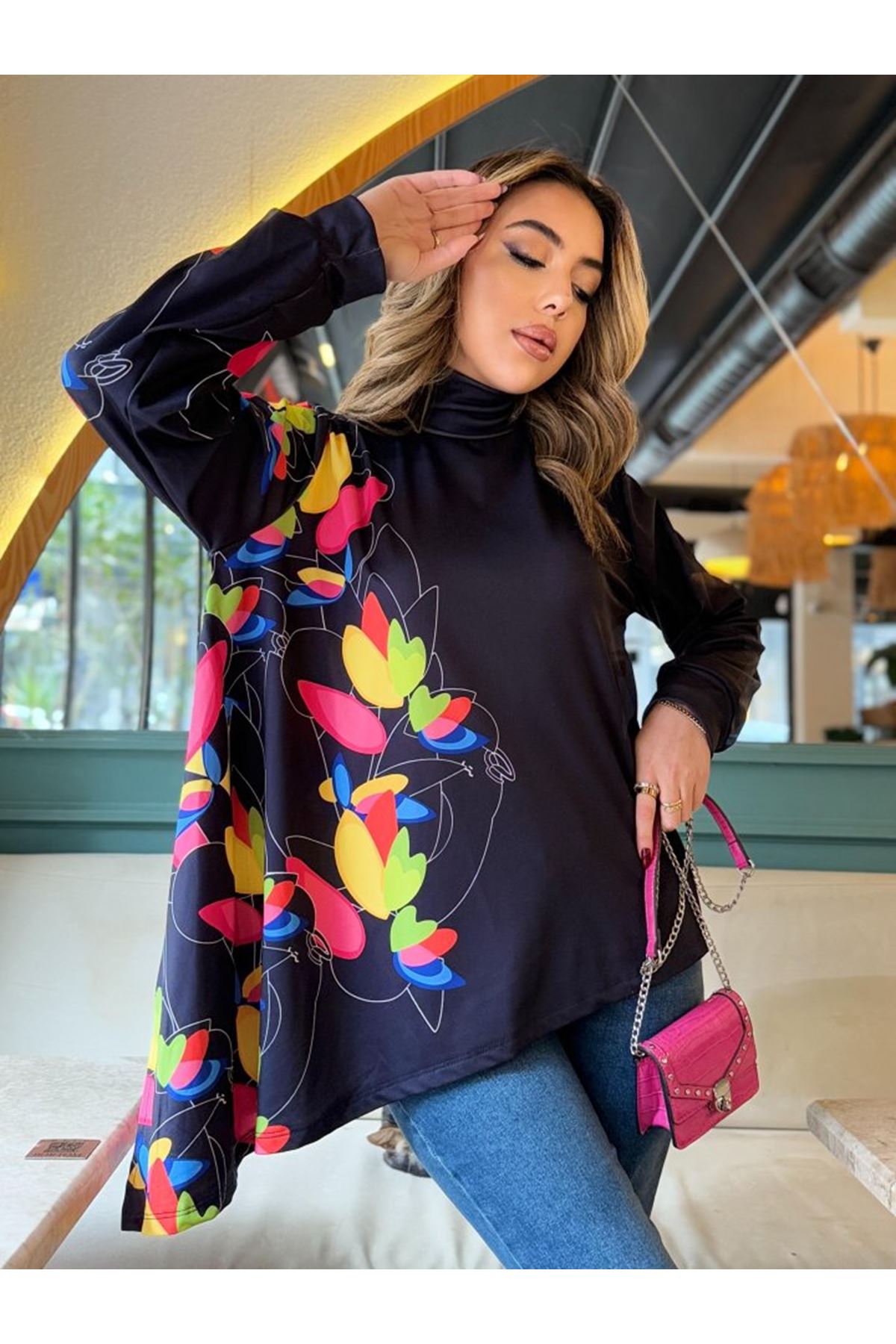 Kadın Uzun Kollu Balıkçı Yaka Asimetrik Kesim Dalgıç Kumaş Bluz