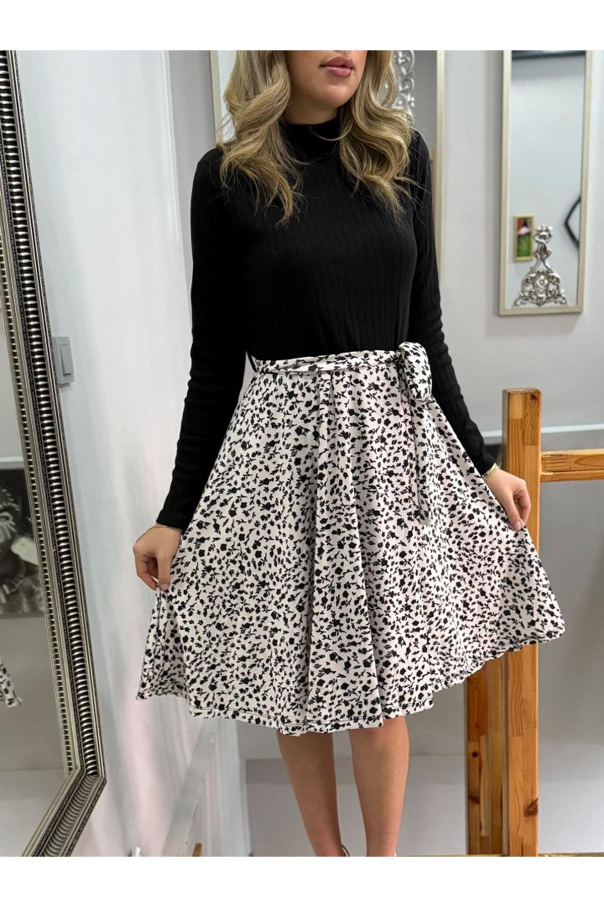 Kadın Uzun Kollu Balıkçı Yaka Belden Bağlamalı üst Kaşkorse Eteği Dalgıç Kısa Elbise