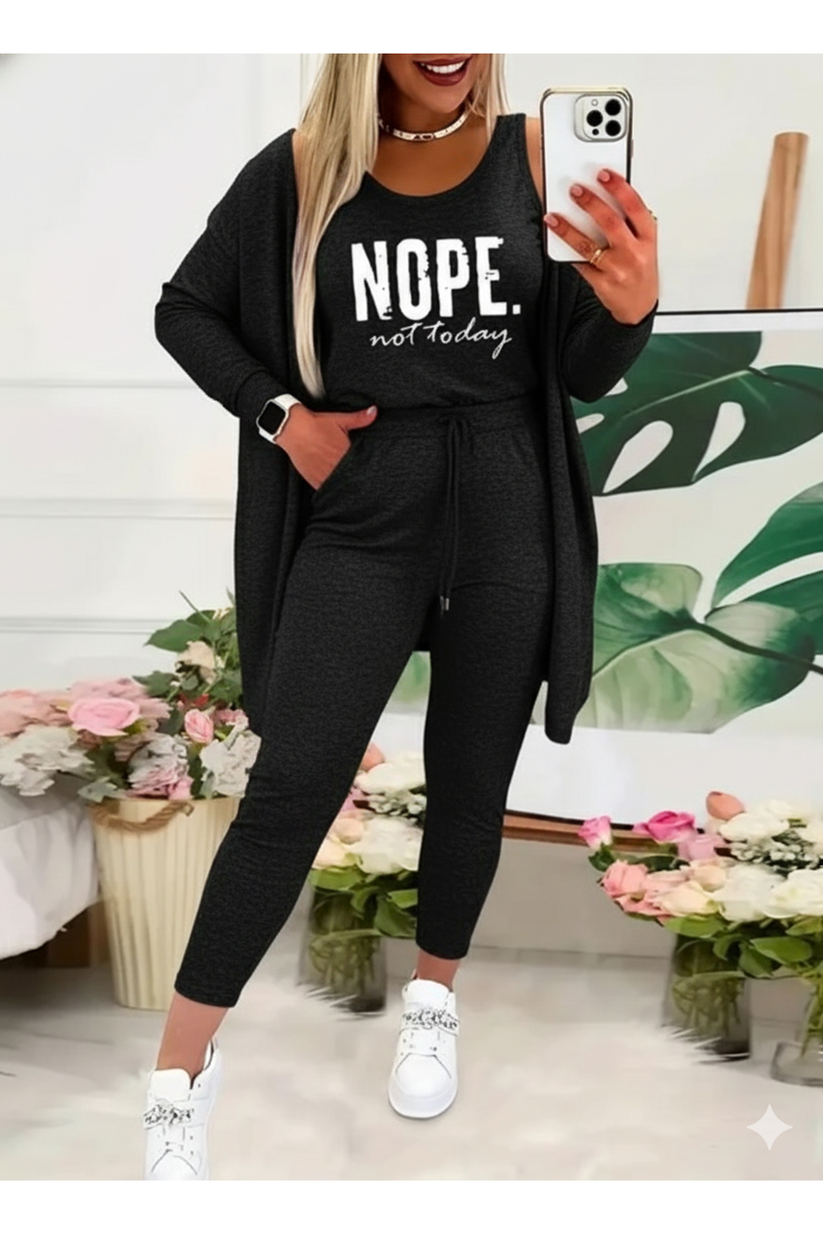 Kadın Askılı Yuvarlak Yaka Yazılı Viskon Iki Iplik Bluz Ceket Ve Pantolon 3lü Takım