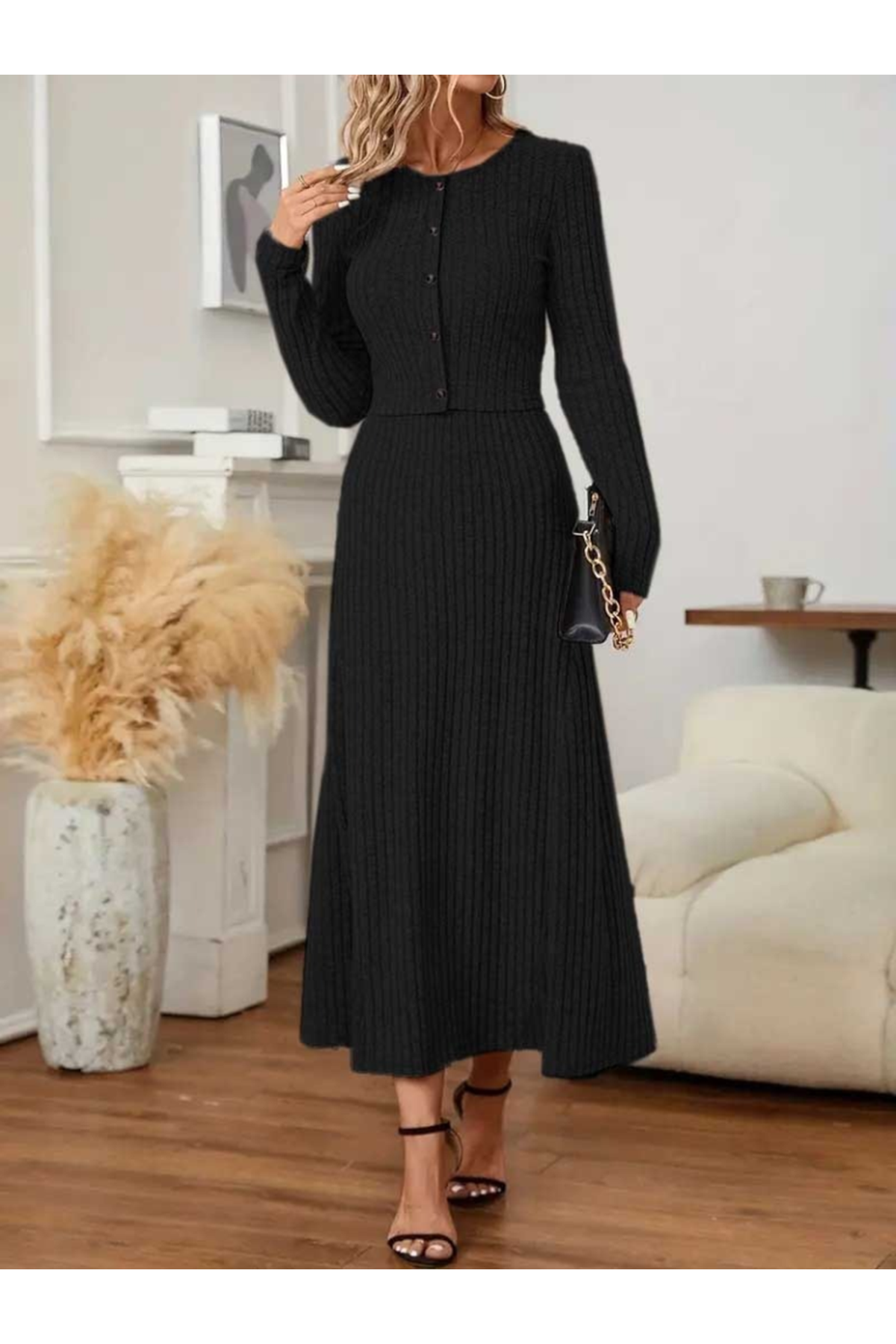 Kadın Uzun Kollu önden Düğmeli Bluz Ve Yüksek Bel A Kesim Uzun Etek şardonlu Kaşkorse Ikili Takım