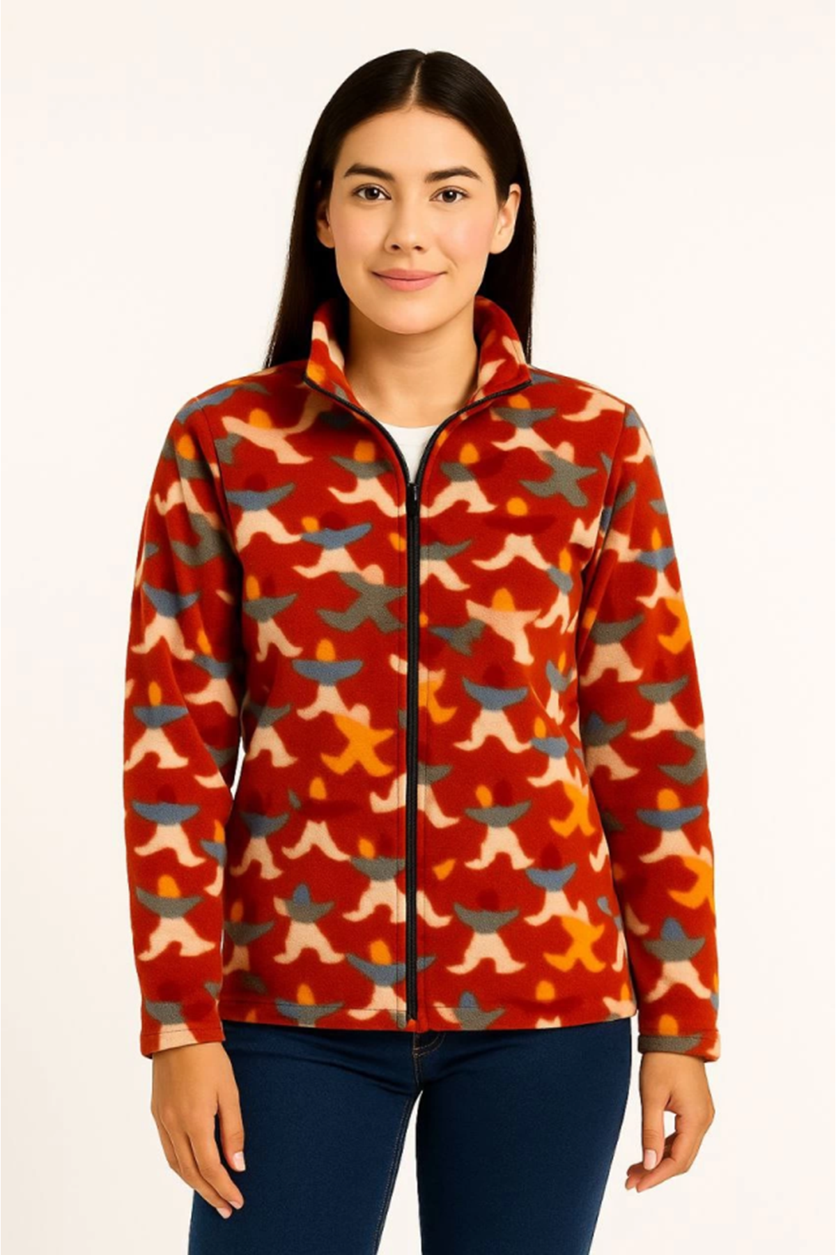 Tam Fermuarlı Desenli Polar Sweat – Siyah Multicolor Figür Desen Yakalı, Uzun Kollu, Oversize Rahat Kalıp - Kiremit