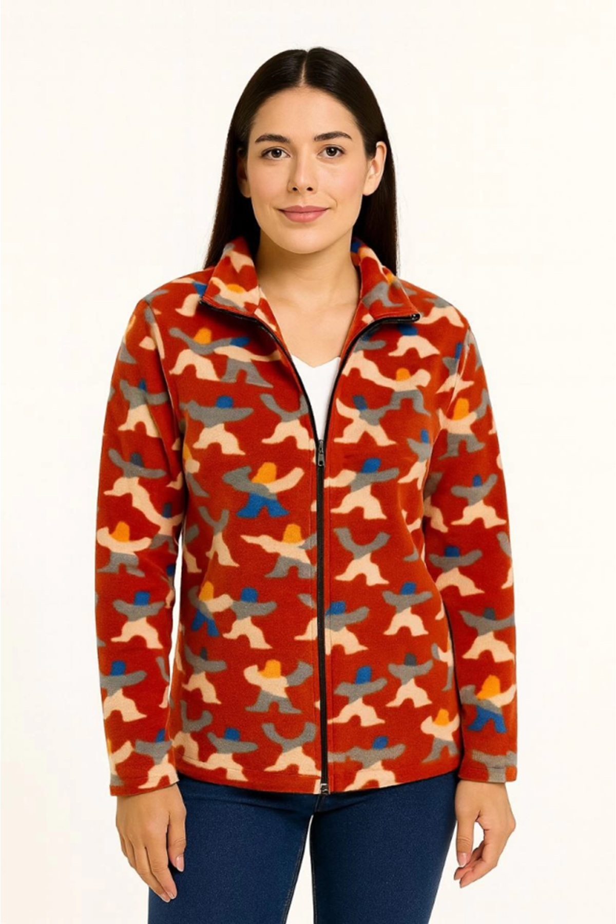 Tam Fermuarlı Desenli Polar Sweat – Siyah Multicolor Figür Desen Yakalı, Uzun Kollu, Oversize Rahat Kalıp - Kiremit