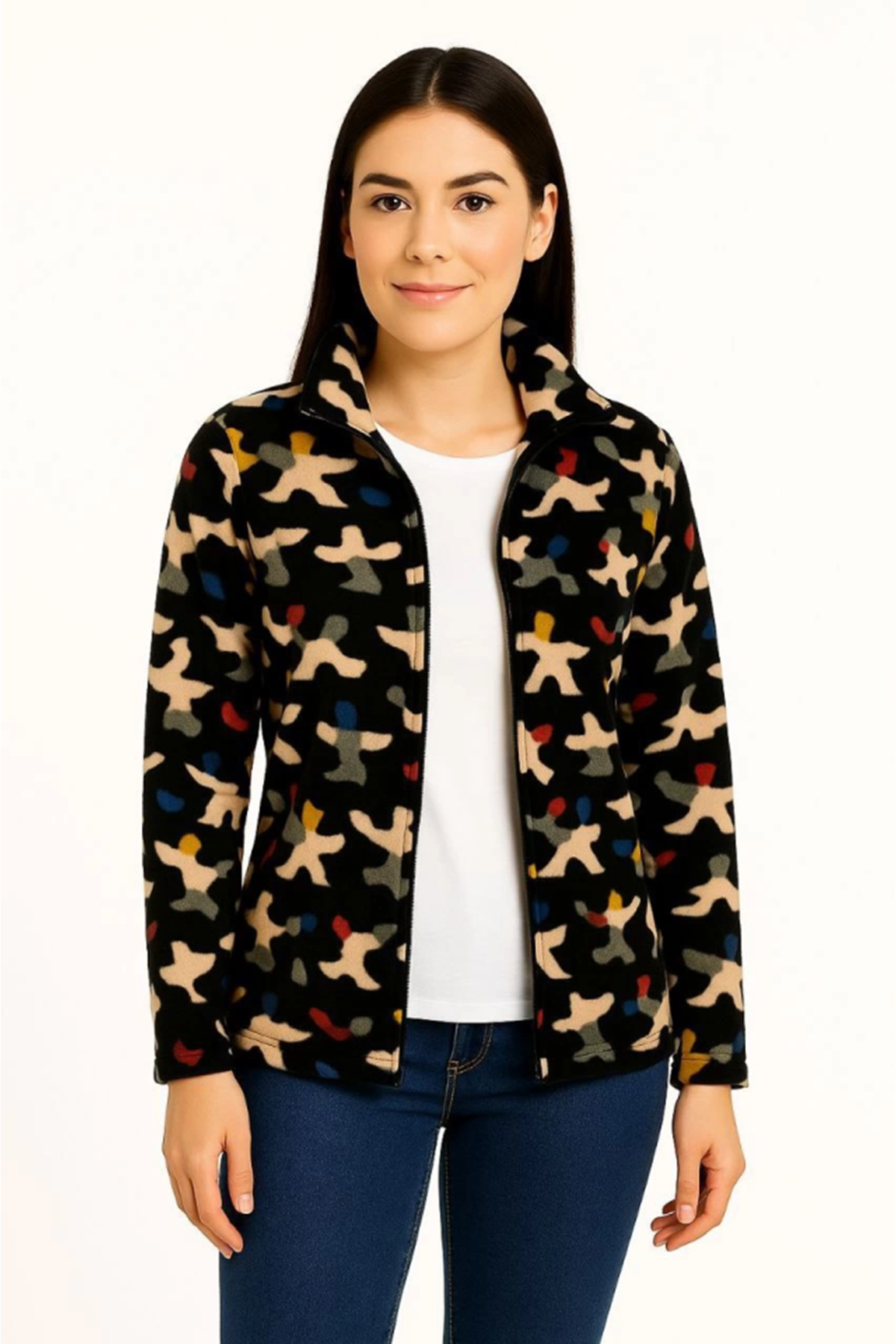 Tam Fermuarlı Desenli Polar Sweat – Siyah Multicolor Figür Desen Yakalı, Uzun Kollu, Oversize Rahat Kalıp - Siyah