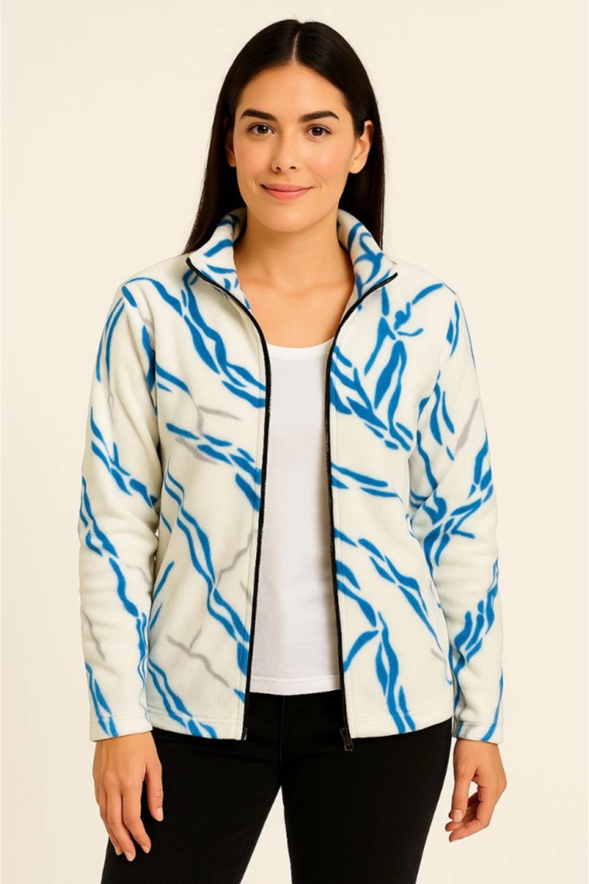 Tam Fermuarlı Desenli Polar Sweat Lightning Desen Yakalı, Uzun Kollu, Oversize Rahat Kalıp - Beyaz