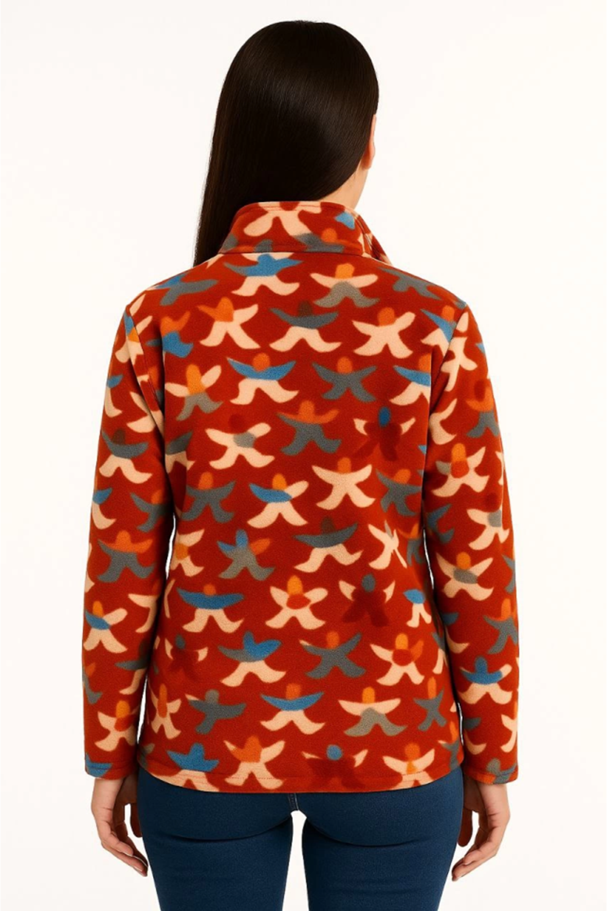 Tam Fermuarlı Desenli Polar Sweat – Siyah Multicolor Figür Desen Yakalı, Uzun Kollu, Oversize Rahat Kalıp - Kiremit