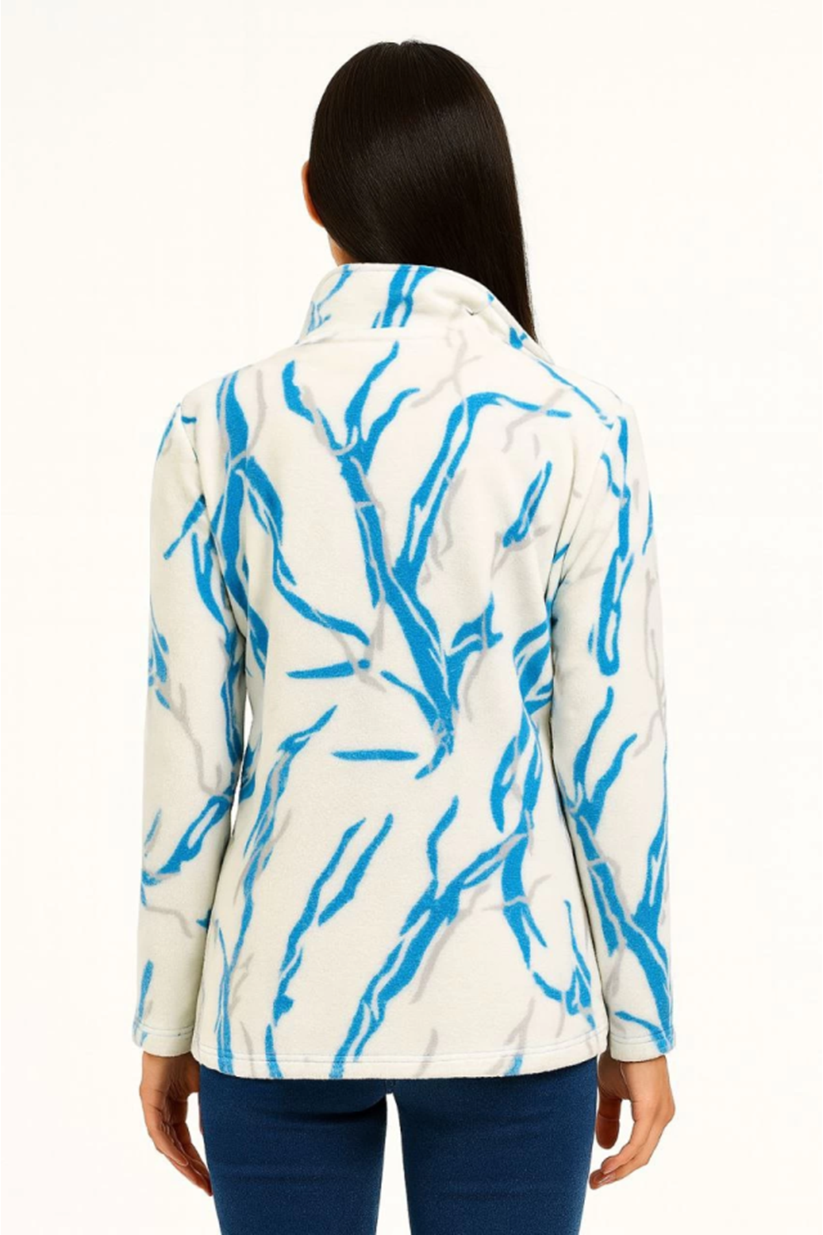 Tam Fermuarlı Desenli Polar Sweat Lightning Desen Yakalı, Uzun Kollu, Oversize Rahat Kalıp - Beyaz