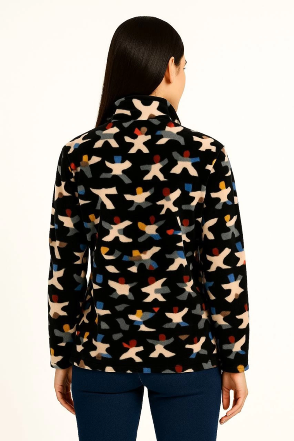 Tam Fermuarlı Desenli Polar Sweat – Siyah Multicolor Figür Desen Yakalı, Uzun Kollu, Oversize Rahat Kalıp - Siyah