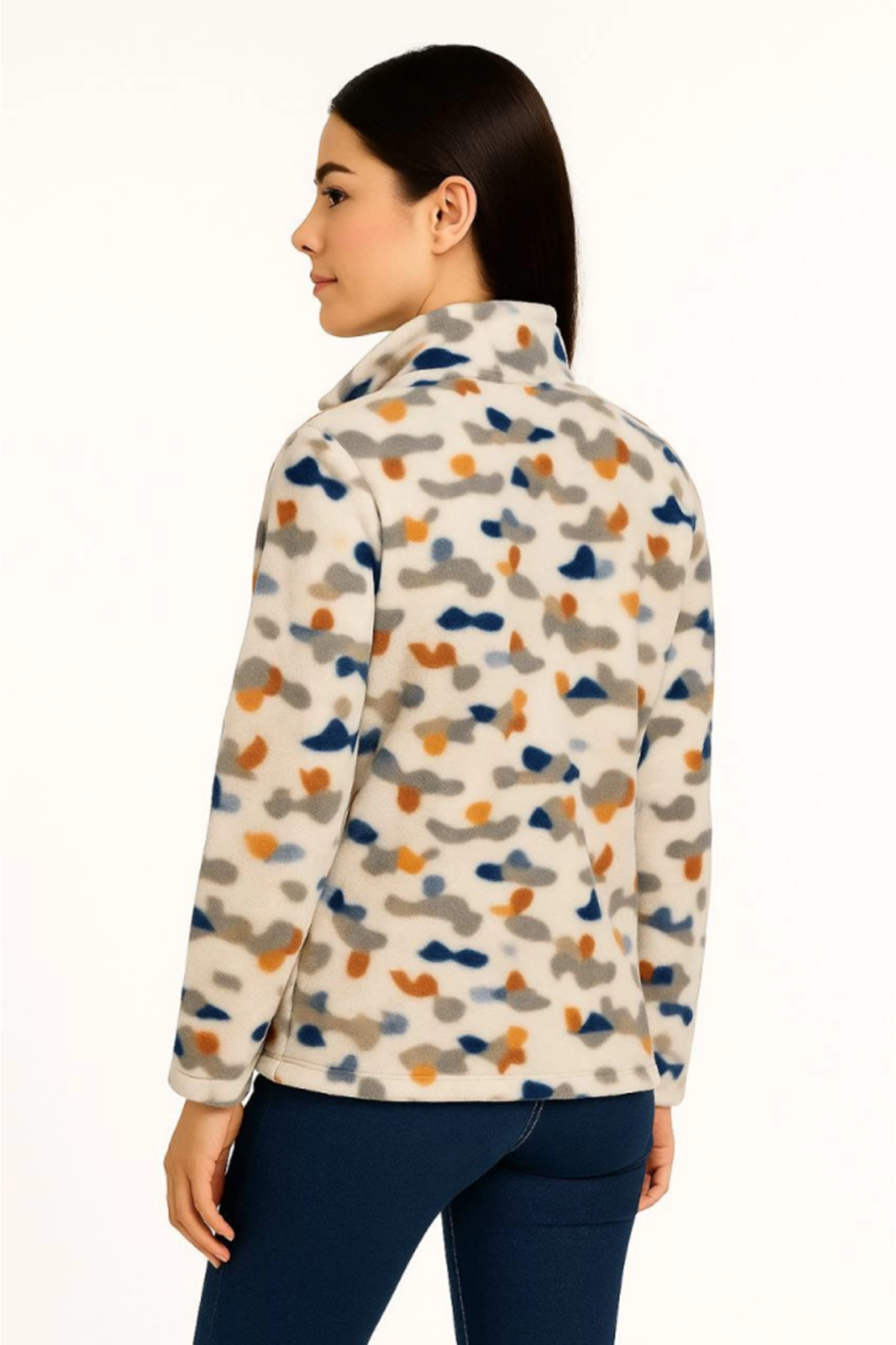 Tam Fermuarlı Desenli Polar Sweat – Siyah Multicolor Figür Desen Yakalı, Uzun Kollu, Oversize Rahat Kalıp - Beyaz