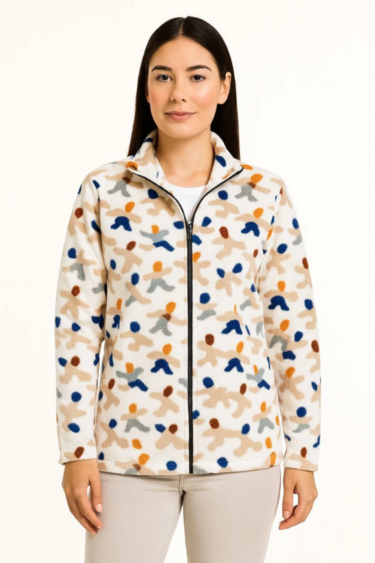 Tam Fermuarlı Desenli Polar Sweat – Siyah Multicolor Figür Desen Yakalı, Uzun Kollu, Oversize Rahat Kalıp - Beyaz