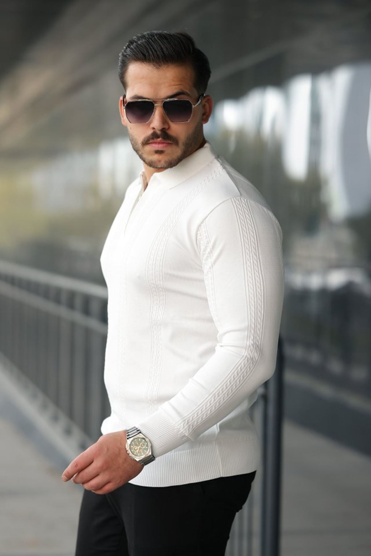 Erkek örgü Desen Fermuar Yaka Uzun Kollu Triko