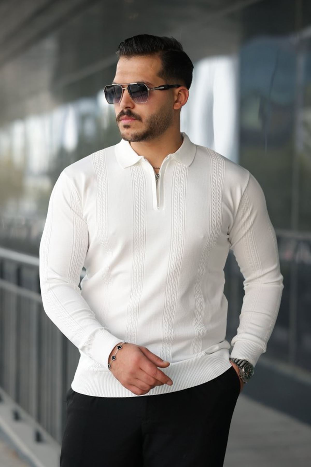 Erkek örgü Desen Fermuar Yaka Uzun Kollu Triko