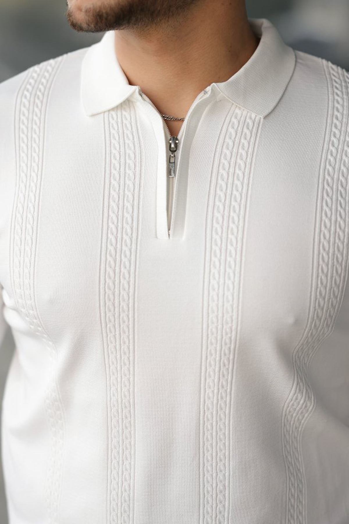 Erkek örgü Desen Fermuar Yaka Uzun Kollu Triko
