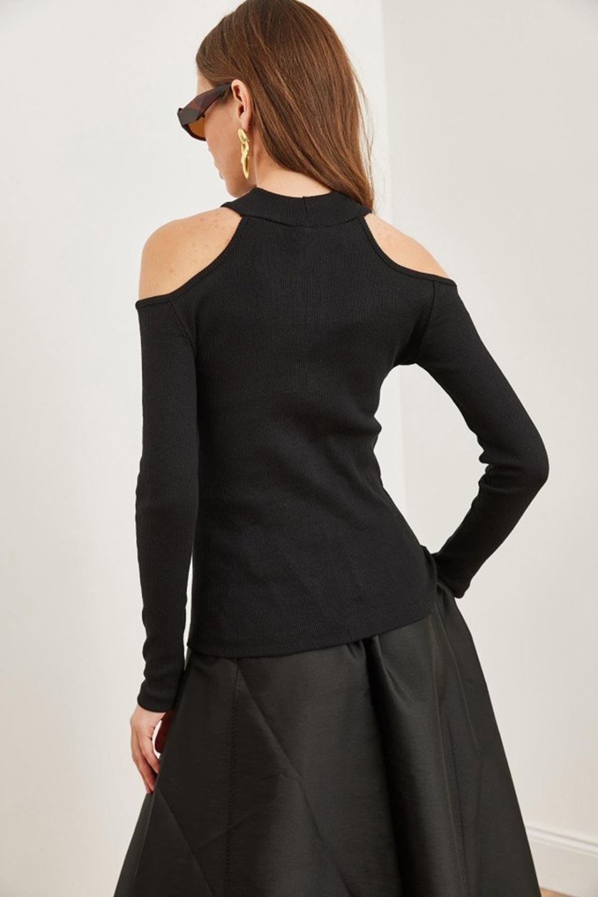 Kadın Uzun Kollu Omuz Dekolteli Kaşkorse Kumaş Bluz