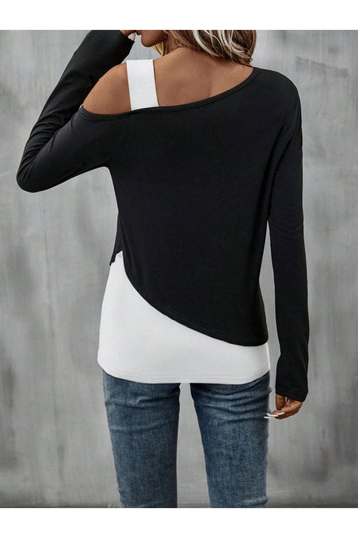Kadın Tek Omuzu Açık Askılı çift Renkli Uzun Kollu Viskon Bluz