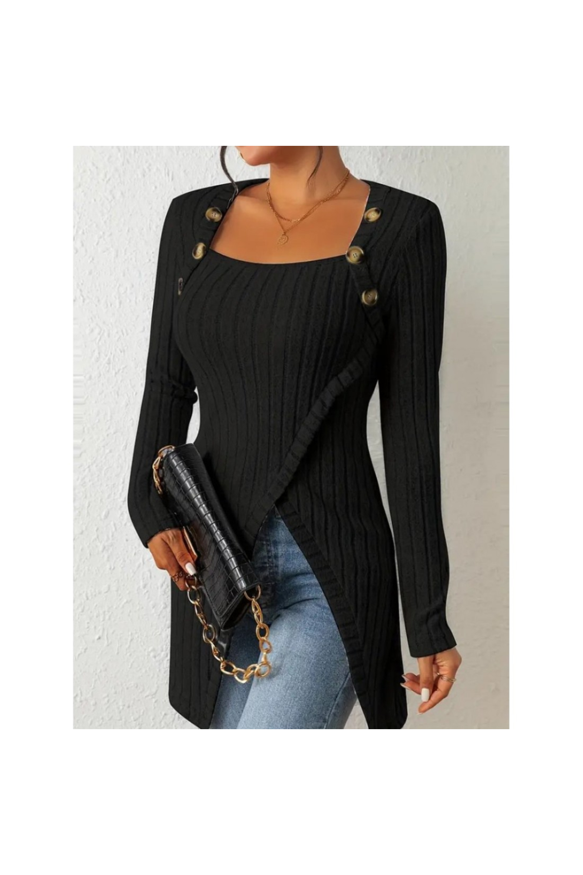 Kadın Uzun Kollu Derin Kare Yaka Düğme Detay şardonlu Kaşkorse Kruvaze Bluz