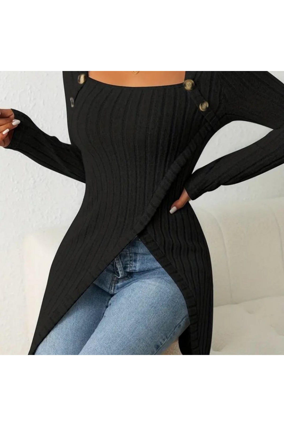 Kadın Uzun Kollu Derin Kare Yaka Düğme Detay şardonlu Kaşkorse Kruvaze Bluz