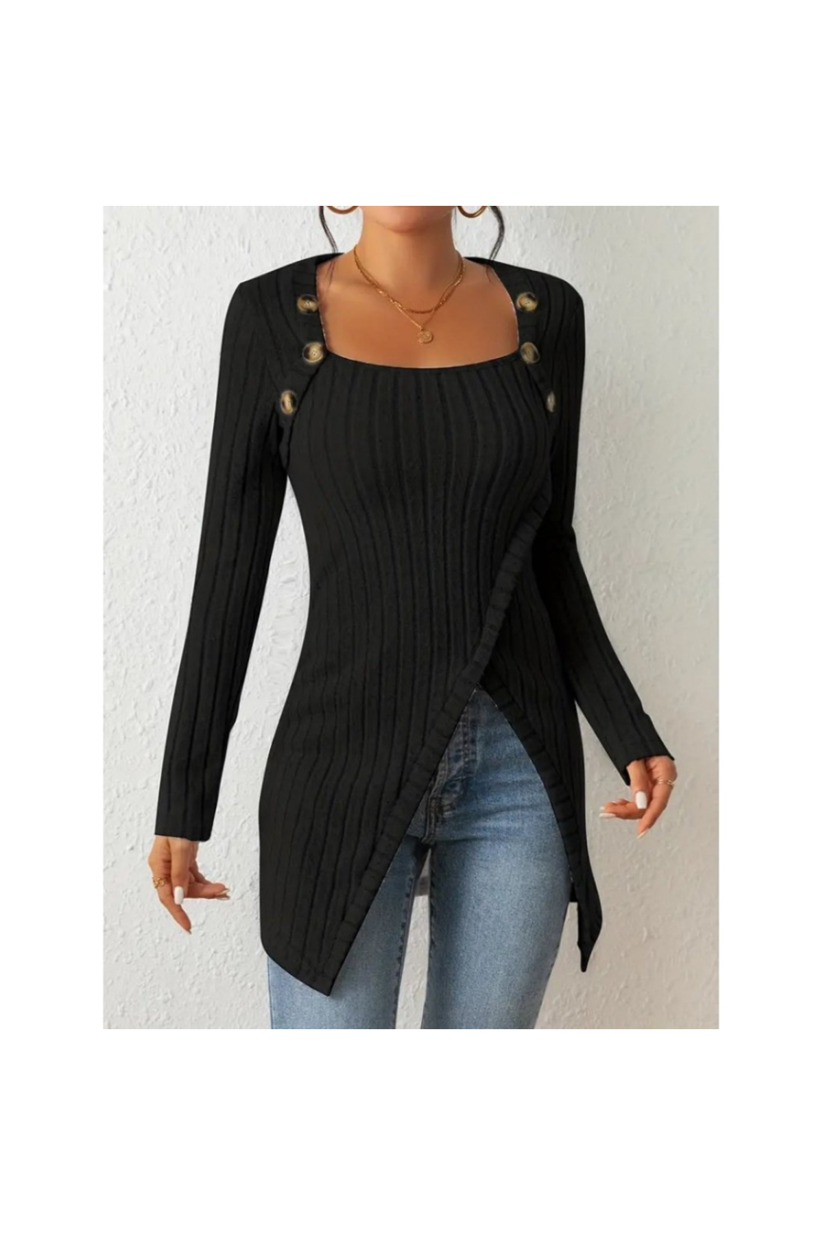 Kadın Uzun Kollu Derin Kare Yaka Düğme Detay şardonlu Kaşkorse Kruvaze Bluz